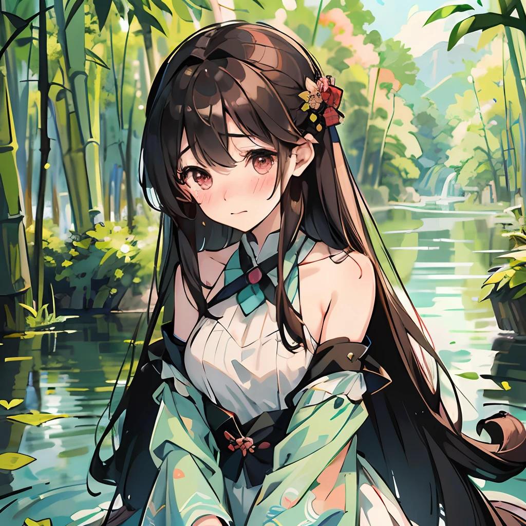 Masterpiece, best quality, official art, 8k wallpaper, very detailed, illustration, 1 girl, cute, (shy), (blush), embarrassed, dark hair, long hair, (blush), (tease: 1.3), bamboo forest, bare shoulders, lake water, purity,