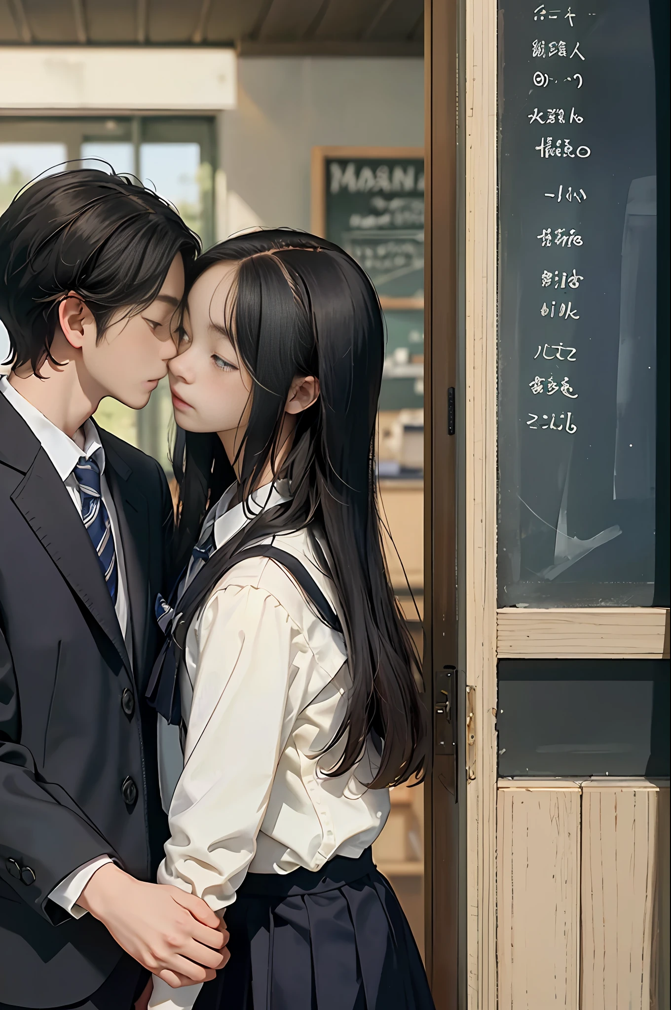The picturesque scene of two young lovers, their lips tightly hugging each other. From traditional sliding doors to wooden tables and blackboards, the complex details of the classroom are accurately depicted. Male students wear school uniforms, while female students wear school uniforms Soft and gentle colors, a true masterpiece that captures the essence of youthful love