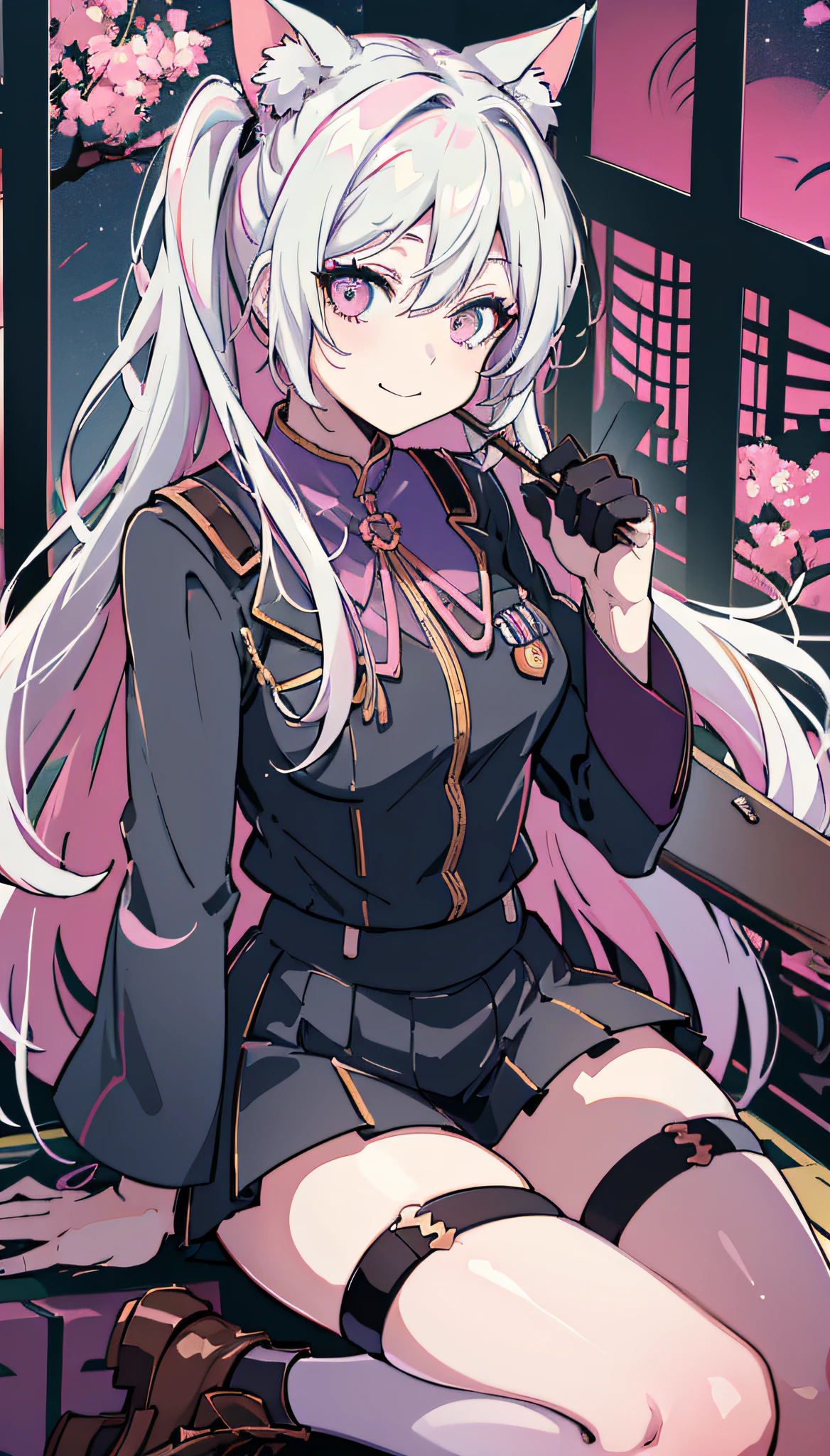 Colorful hair and colorful dress in anime ((cat-eared 1girl)),  school uniform pastel vivid, rossdraws cartoon vivid, anime style 4k, beautiful anime portrait, artgerm colorful!!!、! dream art germ, beautiful anime, cat ear 1girl, anime style digital art, anime art wallpaper 4k, anime art wallpaper 4k, digital anime art, highly detailed art germ, school uniform,  full body, sitting in her office, white hair, front view, smirking,