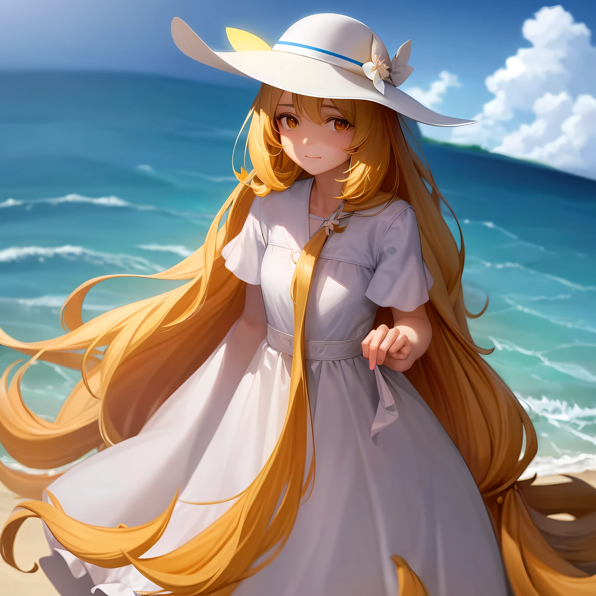 A girl standing on the beach, long hair, sun hat, bright sun, waves, medium view, wearing white dress, sideways, very sad, white top hat, (masterpiece: 1, 2) best quality, masterpiece, high resolution, original, extremely detailed wallpaper, perfect lighting, (very detailed CG: 1.2), painting, brush.