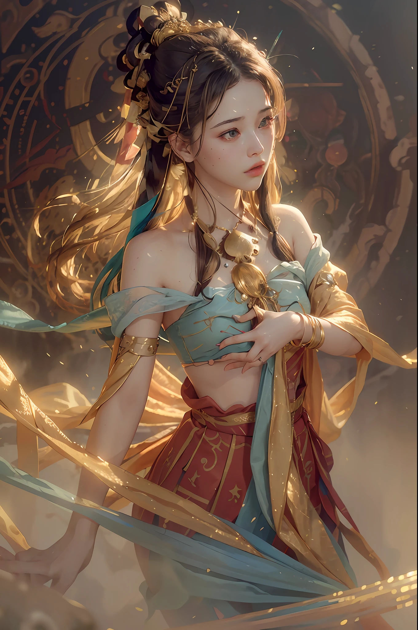 (RAW photo, best quality), (realistic, photo-realistic:1.3),best quality,highly detailed,masterpiece,ultra-detailed,illustration,1girl,upper_body,dynamic angle,world masterpiece theater,messy_long_hair,best quality,extremely detailed CG unity 8k wallpaper,ink,Amazing,cinematic lighting,lens_flare,,dunhuang_style