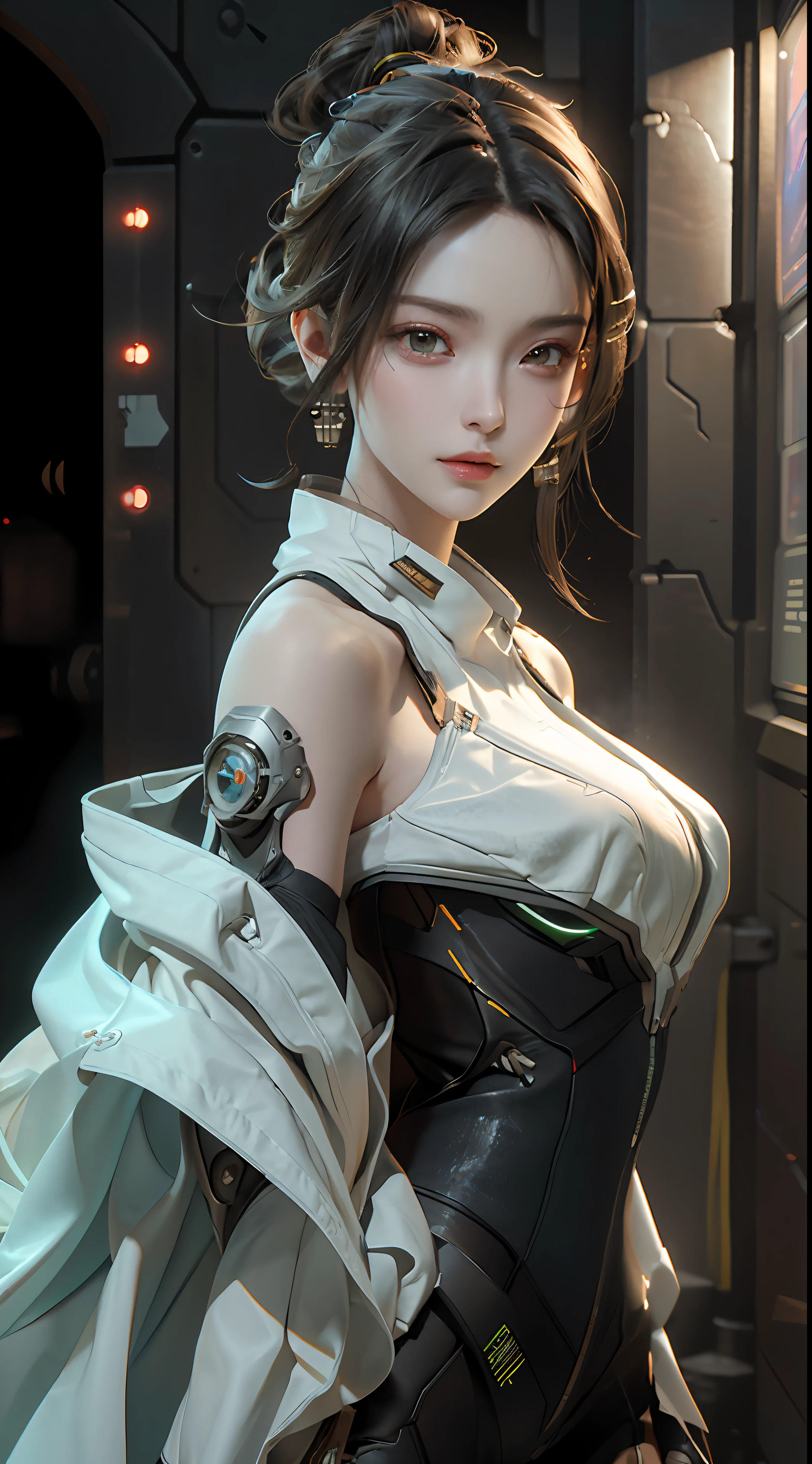 ((Best quality)), ((masterpiece)), (detailed:1.4), 3D, an image of a beautiful cyberpunk female,HDR (High Dynamic Range),Ray Tracing,NVIDIA RTX,Super-Resolution,Unreal 5,Subsurface scattering,PBR Texturing,Post-processing,Anisotropic Filtering,Depth-of-field,Maximum clarity and sharpness,Multi-layered textures,Albedo and Specular maps,Surface shading,Accurate simulation of light-material interaction,Perfect proportions,Octane Render,Two-tone lighting,Wide aperture,Low ISO,White balance,Rule of thirds,8K RAW,
