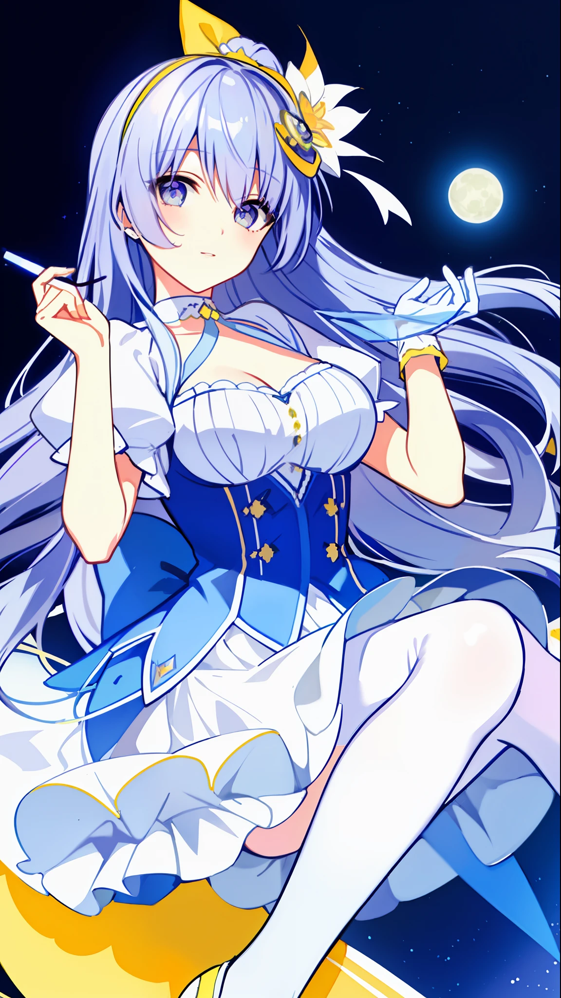 Left-facing, ((((Masterpiece)))), (((Best Quality))), (((Very Detailed))), Detailed Fingers, Illustration, 1 Girl, Solo, Long Sky Blue Hair, Violet Colored Eyes, Flower Hair Ornament, White Feather Hair Ornament, Yellow Moon Hair Ornament, Wide Open Chest, Large Breasts, Large White Ribbon at the Waist, Yellow Idol Dress, With White Flowers, Choker with Yellow Ribbon, White Gloves, White Tights , Yellow Shoes, MIKU, Dynamic Pose,