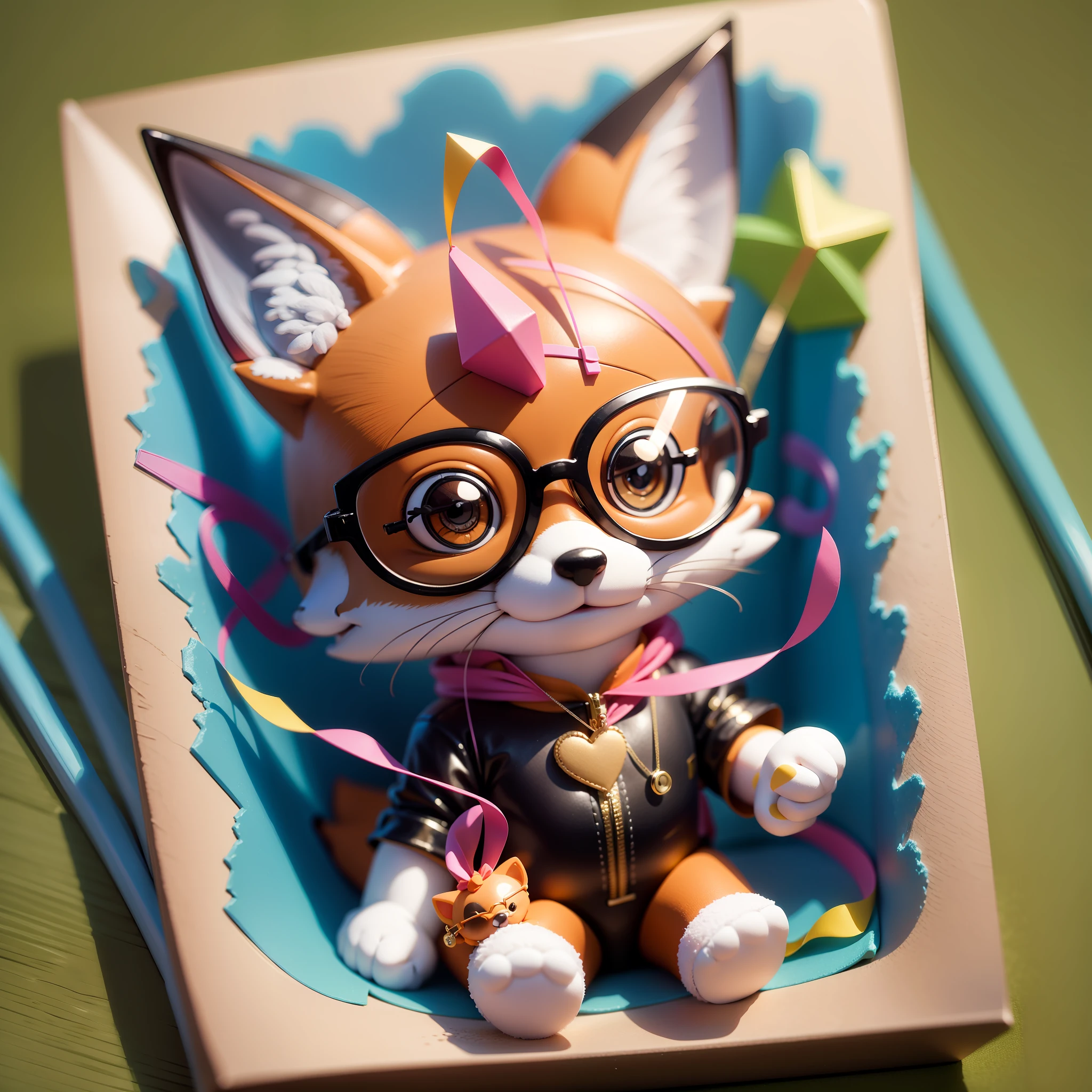 Blind Box fox wearing glasses and streamers celebrating style POPMART clay material Little --auto --s2
