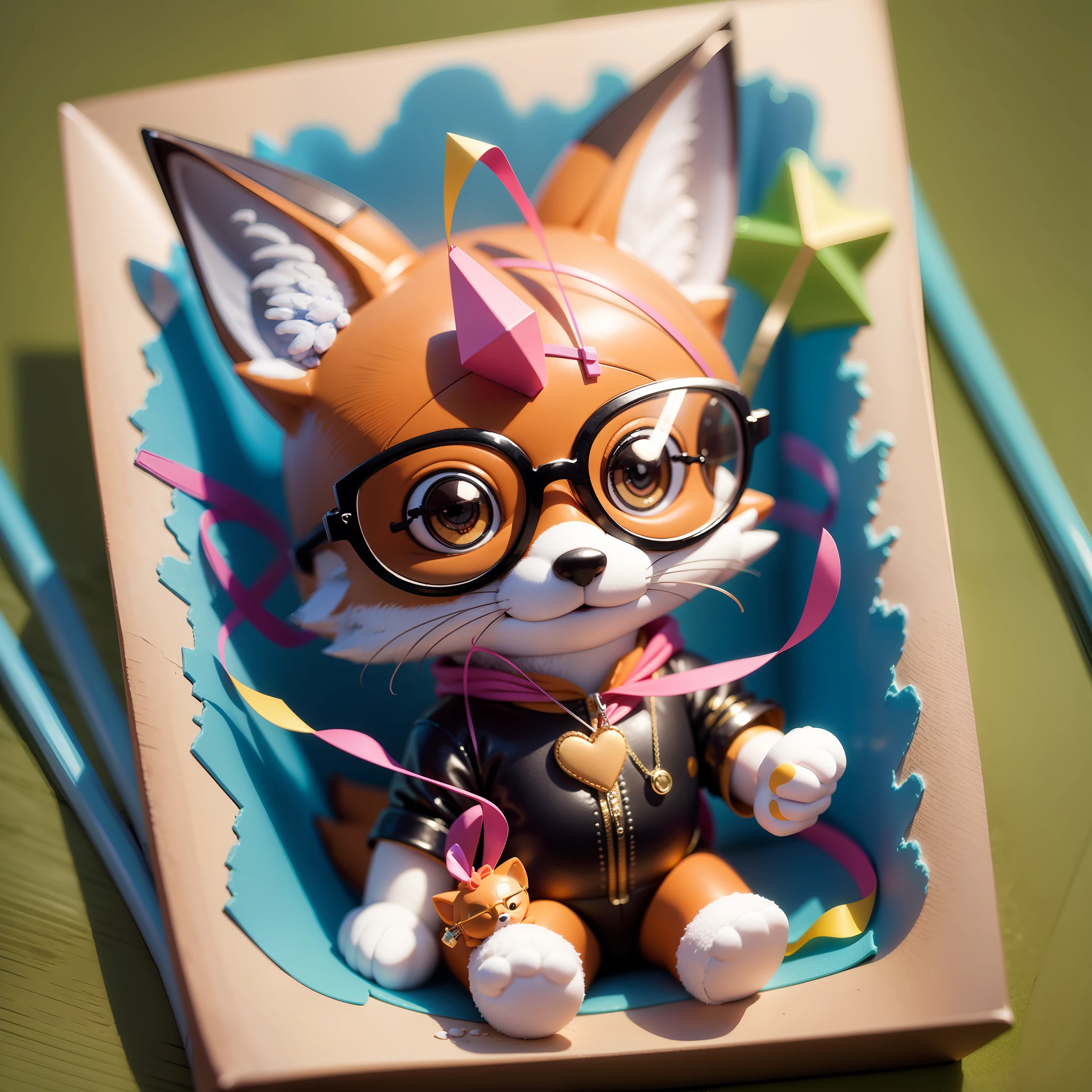 Blind Box fox wearing glasses and streamers celebrating style POPMART clay material Little --auto --s2