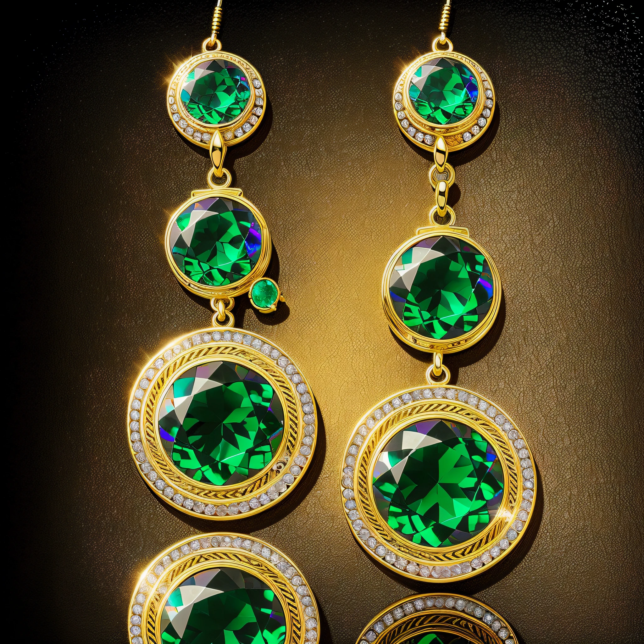 PRECIOUS EARRINGS OF TWO PIECES WITH SKILLFULLY CARVED ORNAMENT ON YELLOW GOLD WITH LARGE EMERALDS FRAMED WITH SMALL SAPPHIRES, CONTRAST LIGHT FALLS ON THE EARRINGS AND REFLECTED IN THE FORM OF RAINBOW FLIGHTS IN THE NUMBER OF TEN, ULTRA FINE DETAILS, HYPER-SHARP, PHOTO-REALISTIC, LOOKS EXPENSIVE AND STUNNING, PAINTING, FABULOUS, HIGH RESOLUTION 100 MEGAPIXELS