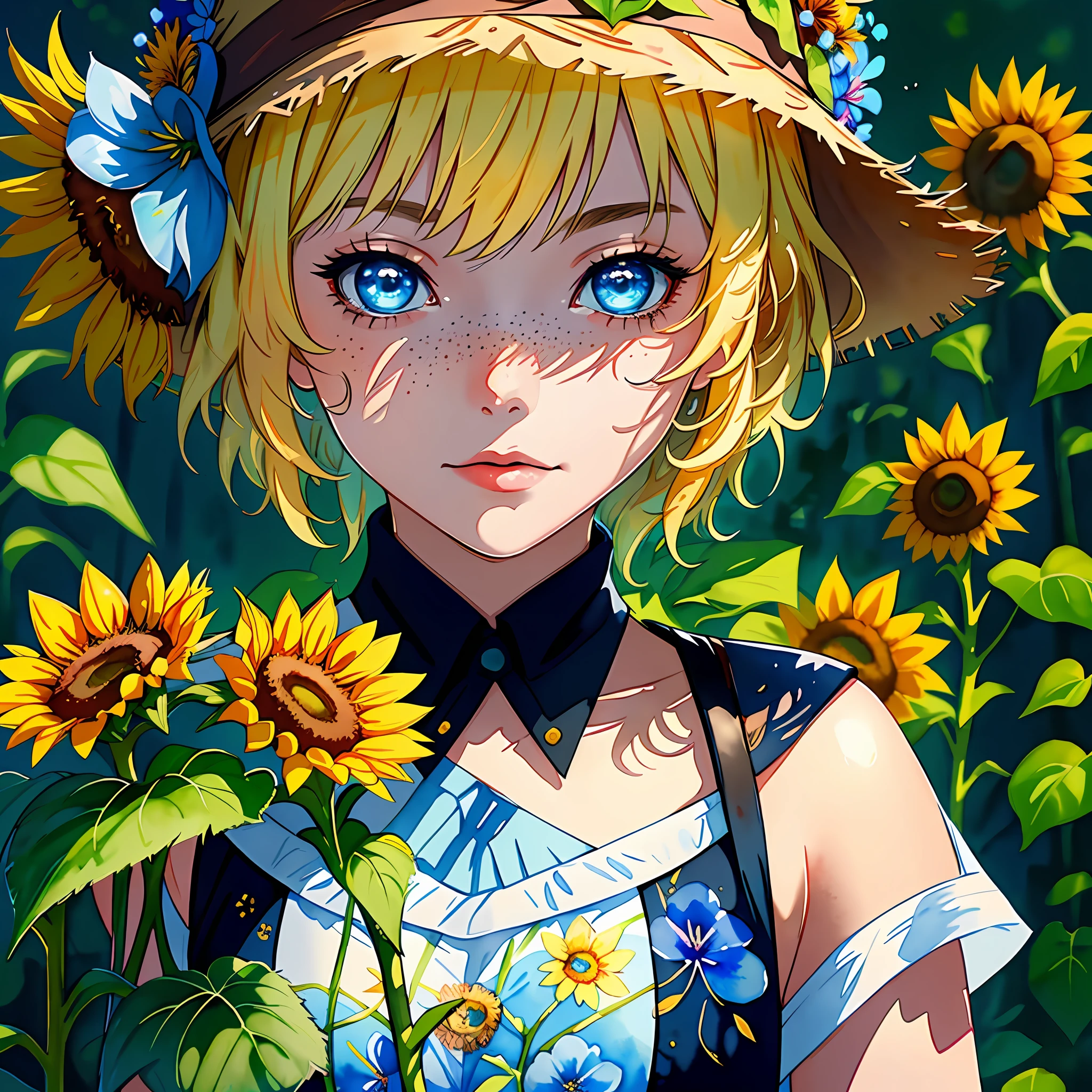 (watercolor:1.2),sharp focus:1.2,highest quality Len's,1girl, solo, flower, sunflower,freckles, portrait, wizard of flowers, sunny, genshin impact character, leaf, bangs, signature, wearing wizard clothing, wearing a huge wizard hat,blue eyes, surrounded by blue flowers,close up shot, beautiful,highest quality digital art, Stunning art, wallpaper 4k,8k,64k, HD, unparalleled masterpiece, dynamic lighting, cinematic, epic