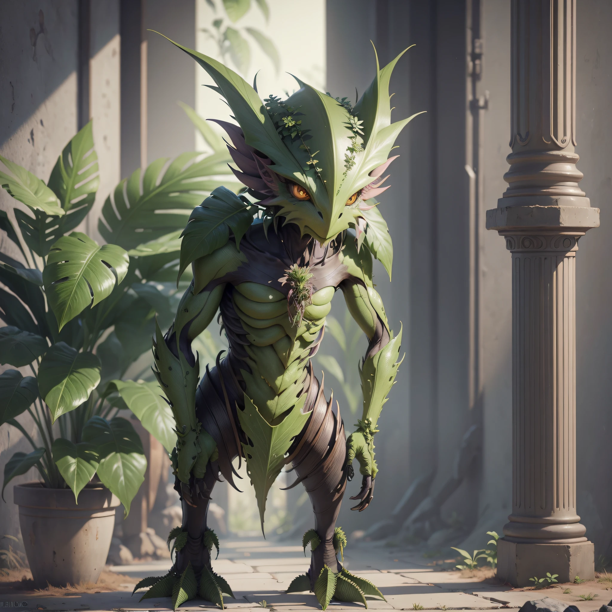 androgyny (((plant))) (creature). ((biped)) 8k resolution. unreal engine. realistic anthropomorphism. no-female.