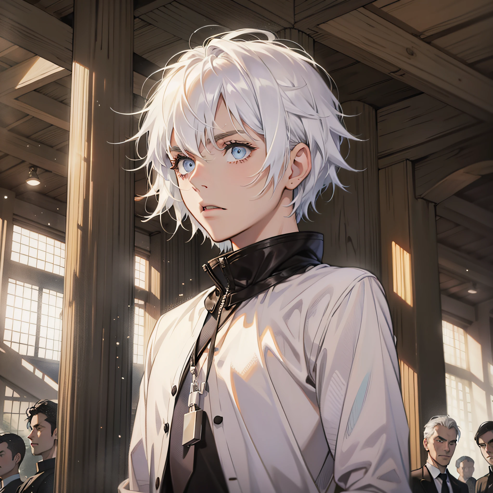 Man, short white hair, fine eyes, standing, looking at the audience, puzzled expression, facing the display