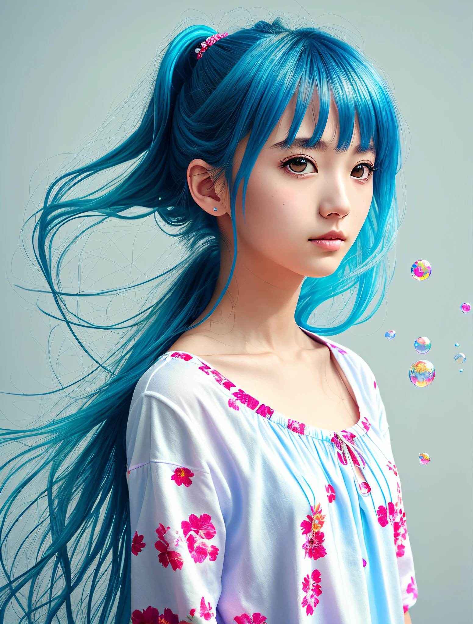 (masterpiece), (best quality), (ultra detailed),(disheveled hair),(illustration), (1girl), (Fashionable clothing), standing, Fashion model, looking at viewer, (interview), (simple background),beautiful detailed eyes, delicate beautiful face, Floating,(high saturation),(colorful splashes),colorful bubble,(shining), focus on face,  ponytail, kamisato ayaka, light blue hair, bangs, hair ring, floating flowers, floating hairs, (shining), best lighting, best shadow,