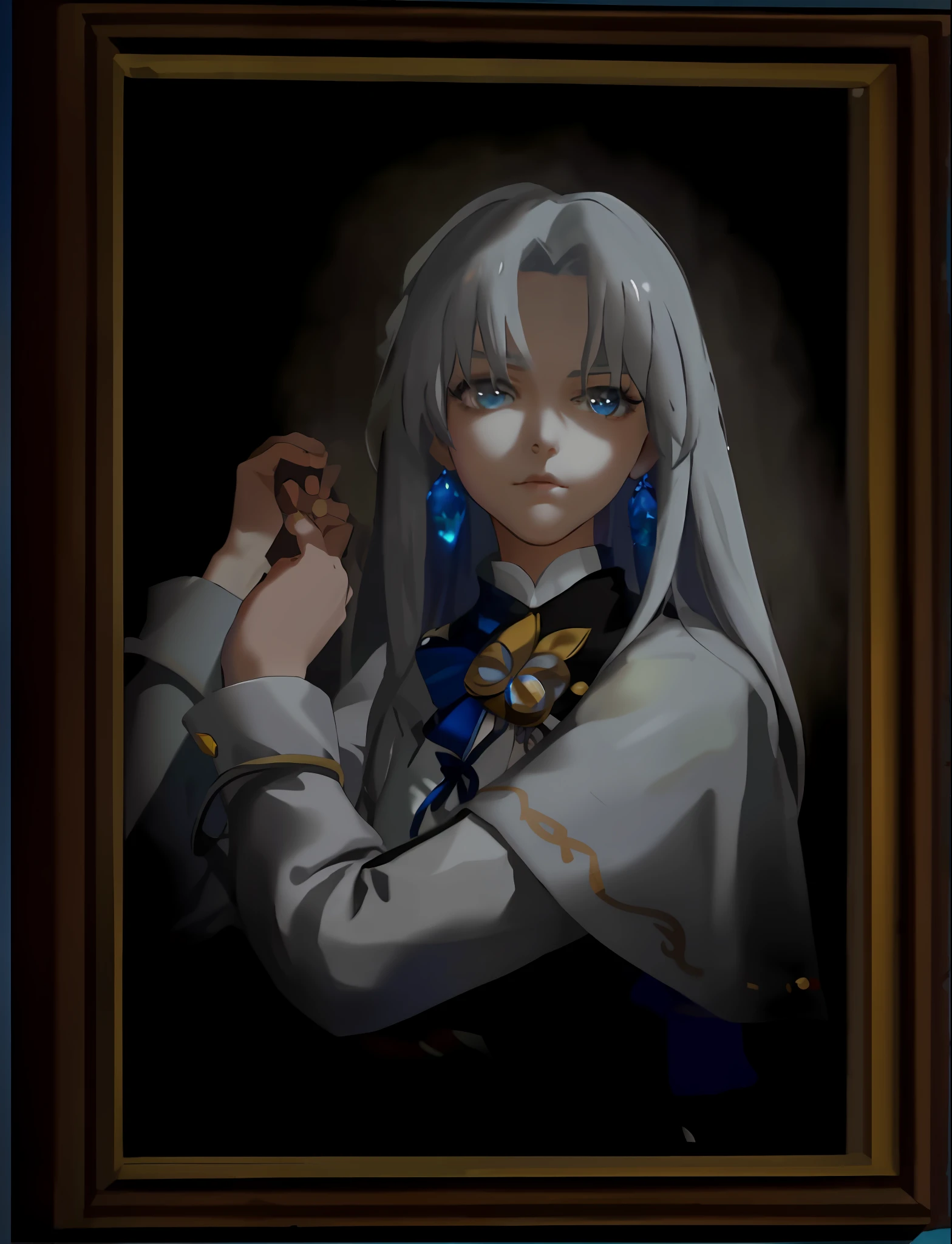 (RAW photo, best quality),masterpiece, an extremely delicate and beautiful, extremely detailed, CG, unity , 2k wallpaper, Amazing, finely detail, light smile, extremely detailed CG unity 8k wallpaper, huge filesize, ultra-detailed, highres, absurdres, soft light,painting of a woman with white hair and a blue tie, made with anime painter studio, painted in anime painter studio, white haired deity, a portrait of the character, anime style like fate/stay night, portrait gapmoe yandere grimdark, fate stay night, anime moe artstyle, mysterious portrait, grey eyeballs, extremely detailed eyes and face, beautiful detailed nose, beautiful detailed eyes, long eyelashes,