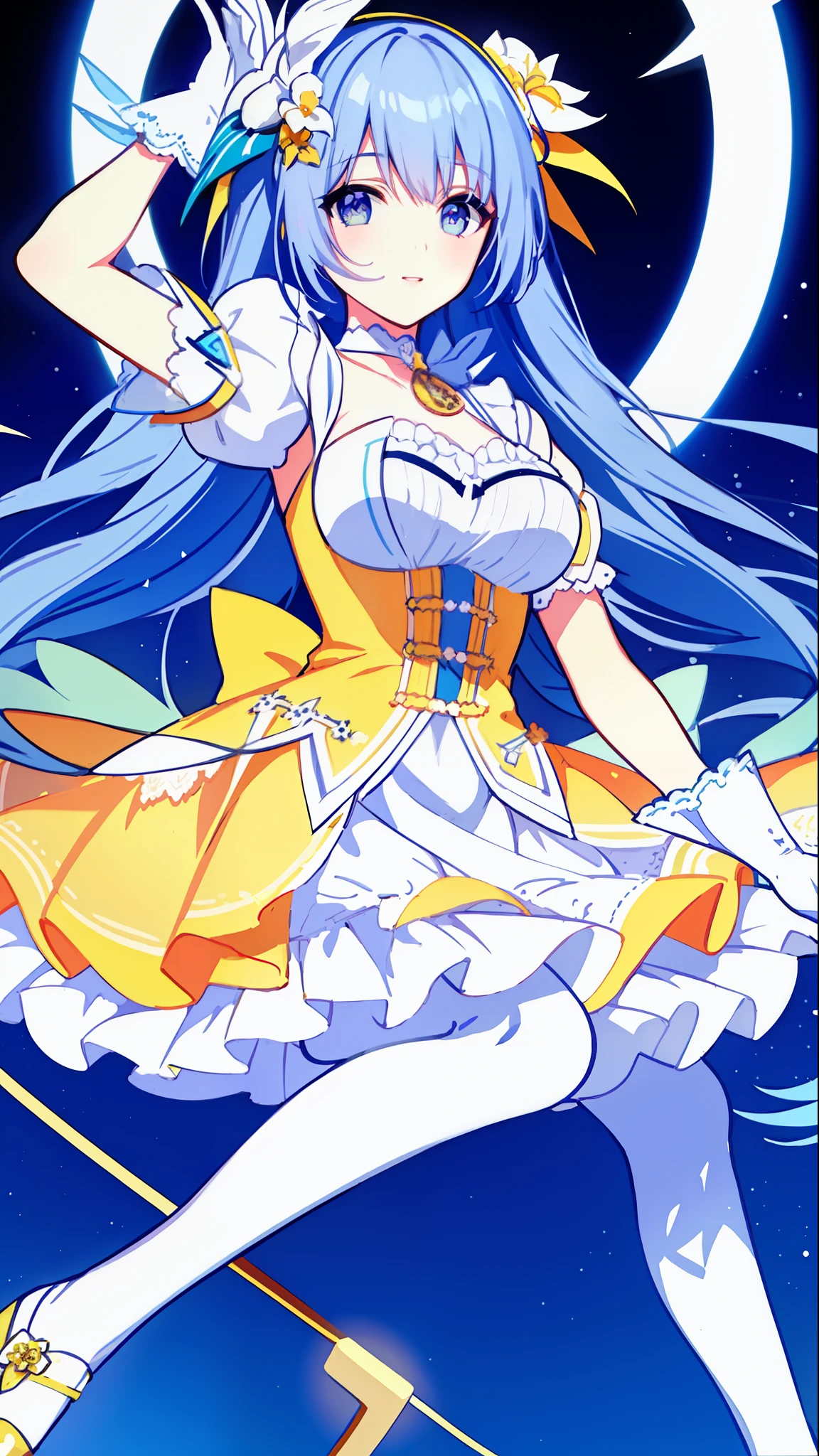 Left-facing, ((((Masterpiece)))), (((Best Quality))), (((Very Detailed))), Detailed Fingers, Illustration, 1 Girl, Solo, Long Sky Blue Hair, Violet Colored Eyes, Flower Hair Ornament, White Feather Hair Ornament, Yellow Moon Hair Ornament, Wide Open Chest, Large Breasts, Large White Ribbon at the Waist, Yellow Idol Dress, With White Flowers, Choker with Yellow Ribbon, White Gloves, White Tights , Yellow Shoes, MIKU, Dynamic Pose,