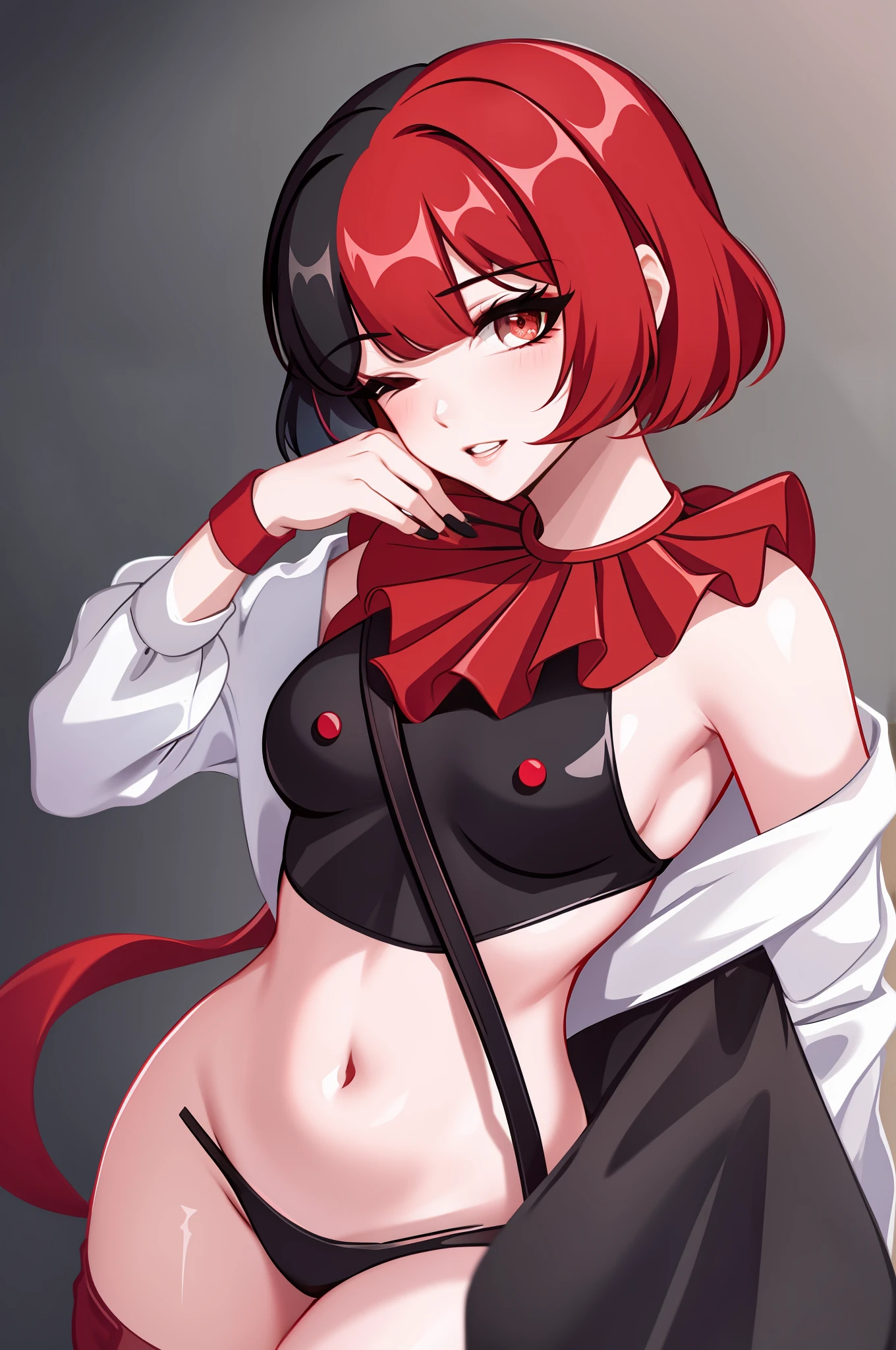 muff, red hair, black hair, multicolored hair, short hair, nsfw
