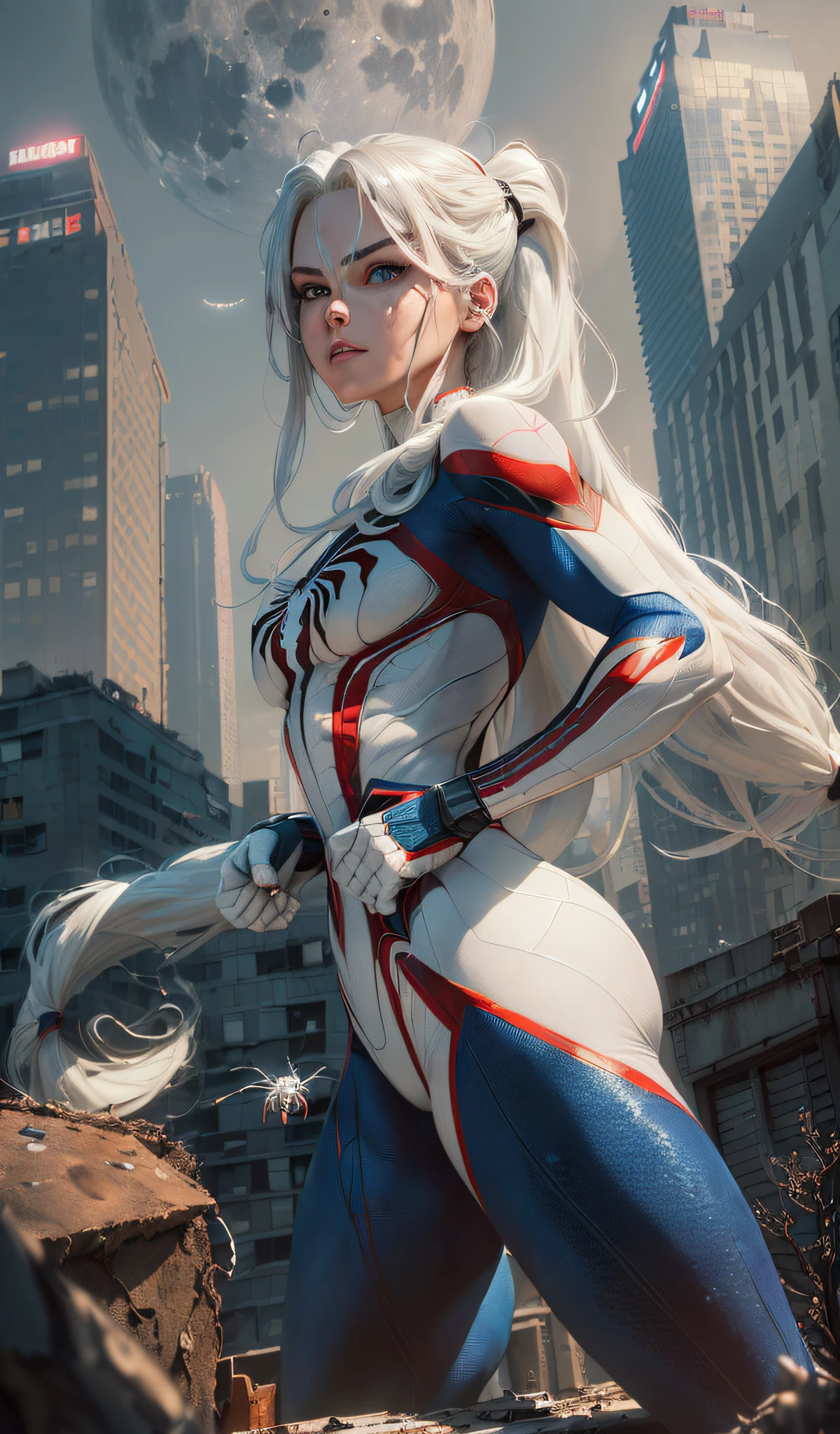 (masterpiece, 4k resolution, ultra-realistic, very detailed), (white superhero theme, charisma, there is a girl in a Spider-Man costume over town, she is a superhero), [((25 years old), (long gray hair: 1.2), full body, (blue eyes: 1.2), (((Spider-Man pose), strength show, jumping from one building to another), ((( Sandy urban environment): 0.8) | (cityscape, night, dynamic lights), (full moon)] #説明: Prompt mainly describes ultra-high definition, very realistic, highly detailed 4K painting. A superheroine in a Spider-Man costume is depicted at the top of the city. The theme of the painting is that of a white superhero, the female protagonist has long white hair, is 25 years old, and her whole body is shown in the painting. In terms of depicting the behavior of a superheroine, spiders are employed,undefined