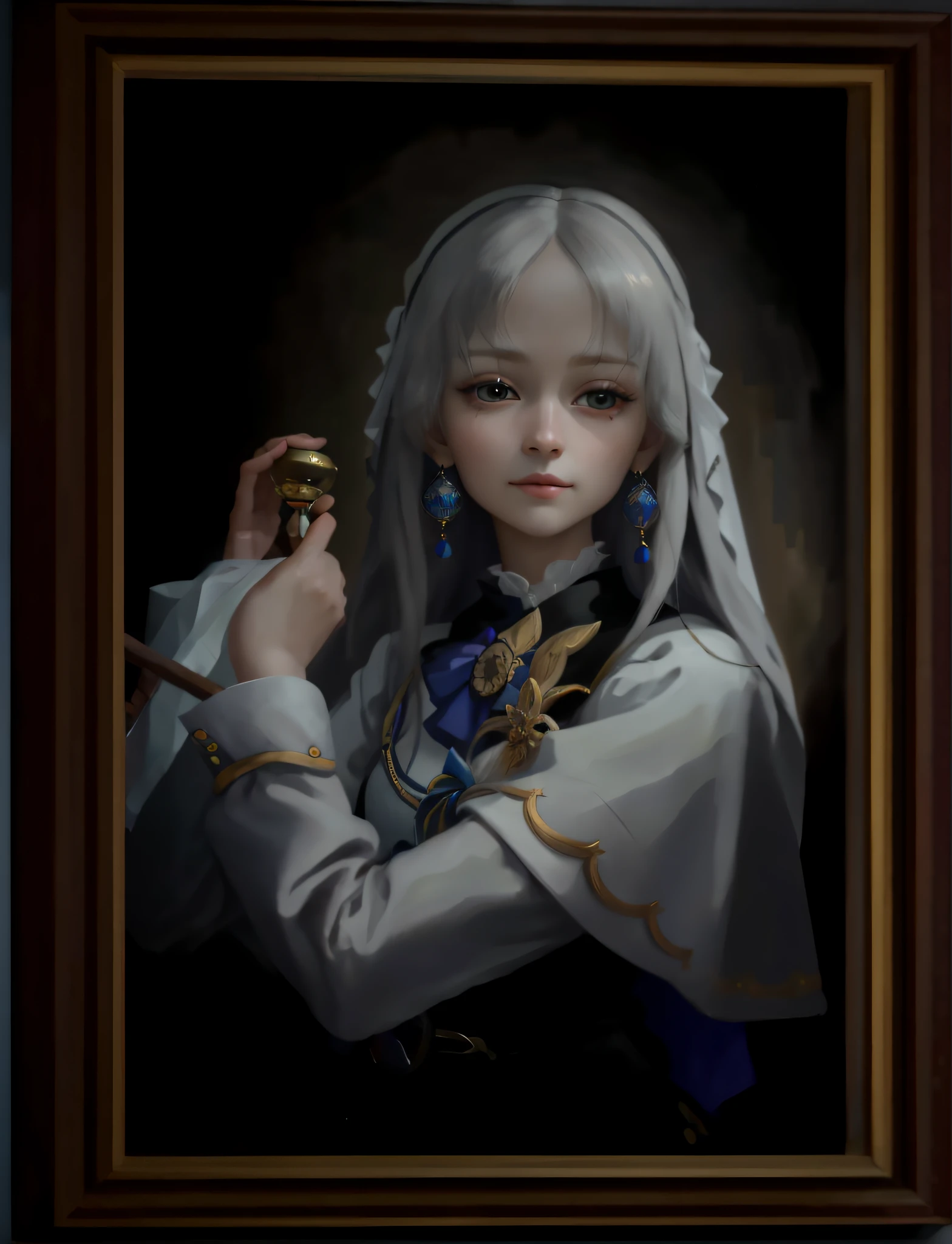 (RAW Photo, Best Quality), Masterpiece, Mona Lisa Oil Painting Art, Extremely Delicate Beauty, Extremely Detailed, CG, Unity, 2k Wallpaper, Amazing, Fine Details, Faint Smile, Extremely Detailed CG Unity 8k Wallpaper, Huge File Size, Ultra Detailed, High Resolution, Absurd, Soft Light, Big Golden Earrings, White-Haired Deity, Japanese Princess Hairstyle, Hime Hairstyle, Portrait of Character, Mysterious Portrait, Gray Eyeball, Extremely Detailed Eyes and Face, Beautiful Thin Nose, Beautiful Fine Eyes , long eyelashes, right hands, HD finger details, gorgeous clothes, HD clothes,