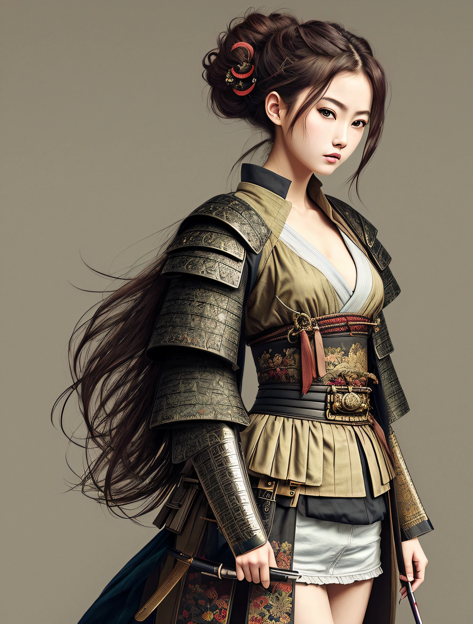 (masterpiece), (best quality), (ultra detailed),(disheveled hair),(illustration), (1girl), (Fashionable clothing), standing, Fashion model, samurai, armor, warrior, katana, women, Japan, wallpaper