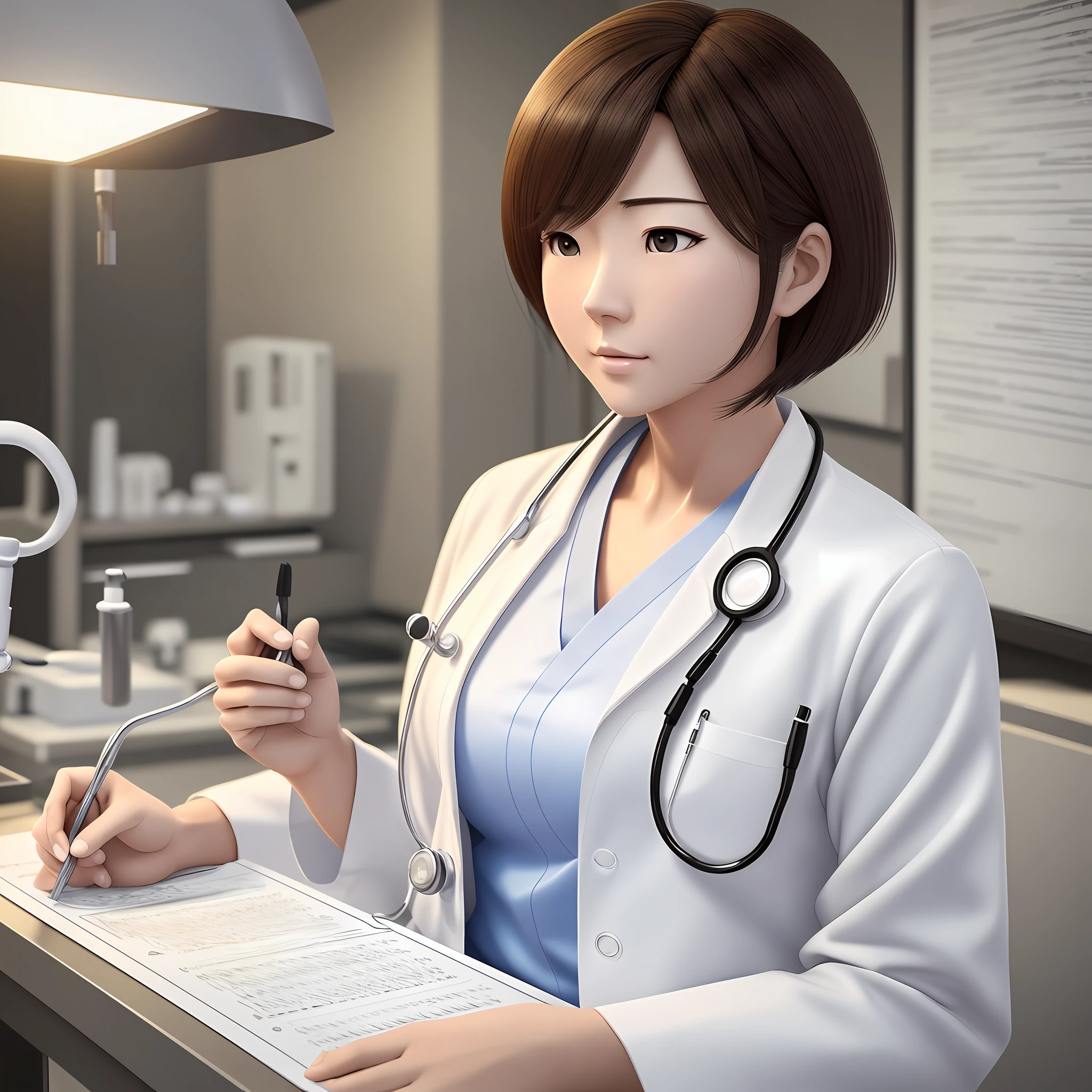 Japanese style animated characters (8k, top quality, masterpiece: 1.2), (realistic, photorealistic: 1.37), super detail, one stethoscope, nurse, 30s woman in lab coat, short hair, background hospital white clean exam room, --auto --s2
