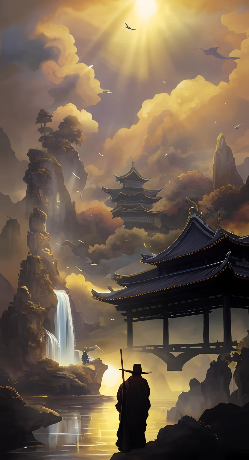 museum collection, masterpiece, best quality, 8k, painting, crowd, Chinese Saints, Confusiu, Lao Tzu, budista, long beard, chinese old master walking down, long gown, Taoist robe, drape, monks, listening, polite, assemble, phylosofy, philosophy, bow, dangling sleeves, fairy, uncle with long beard, outdoors, bridge, bridge crosser, heavy oil paint texture grunge painting artistic, abstract, edgy, occult, Baroque, oil paiting, kim keever, Xu Wei, Zhu Da, Qi Bai Shi, oil painting, chinese ink wash, castle, fantasy, tower, cliff, cloud, sky,( statue:1.2), river, rock, smoke, mountain, gate, shrine, rope, solo, city, standing, landscape, fire, railing, torii, pillar, nature, day, rain, silhouette, floating island, bird, from behind, rooftop, ruins, arch, cityscape, cloudy sky, wall, town, forest, cave, house, stone lantern, branch, reflection, 6+others, sunlight, boy, instrument, stone, fountain, shimenawa, flag, steam, ambiguous gender, cherry blossoms, flying, light rays, lake, window, molten rock