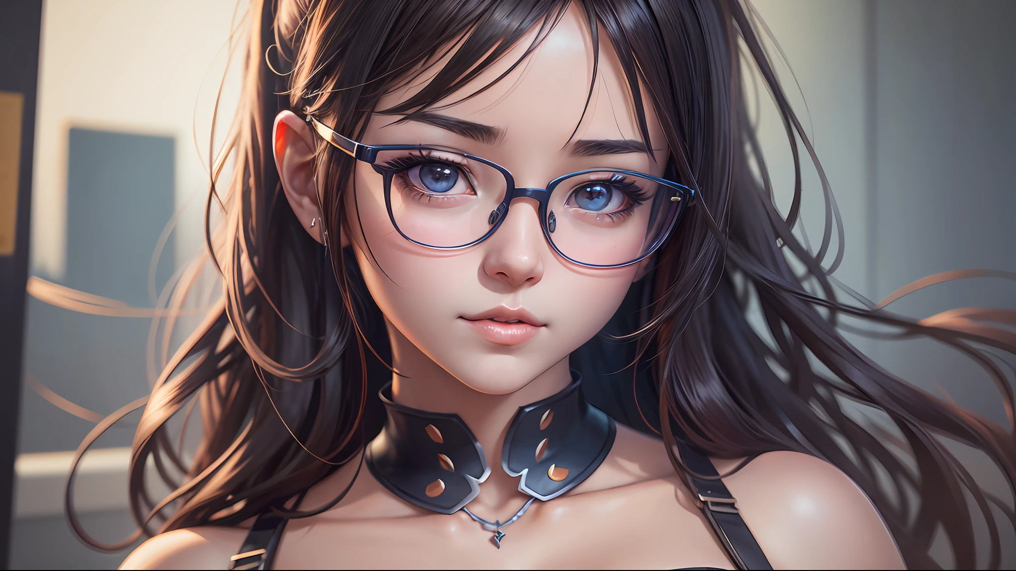 Anime girl wearing glasses wearing strapless bra, upper body, Guwiz style artwork, Guwiz, 8k high quality detail art, Guwiz masterpiece, 8k portrait rendering, beautiful fantasy queen, popular on CGSTATION, realistic anime girl rendering, best art station for fan art, 3 d rendered character art 8 K --auto --s2