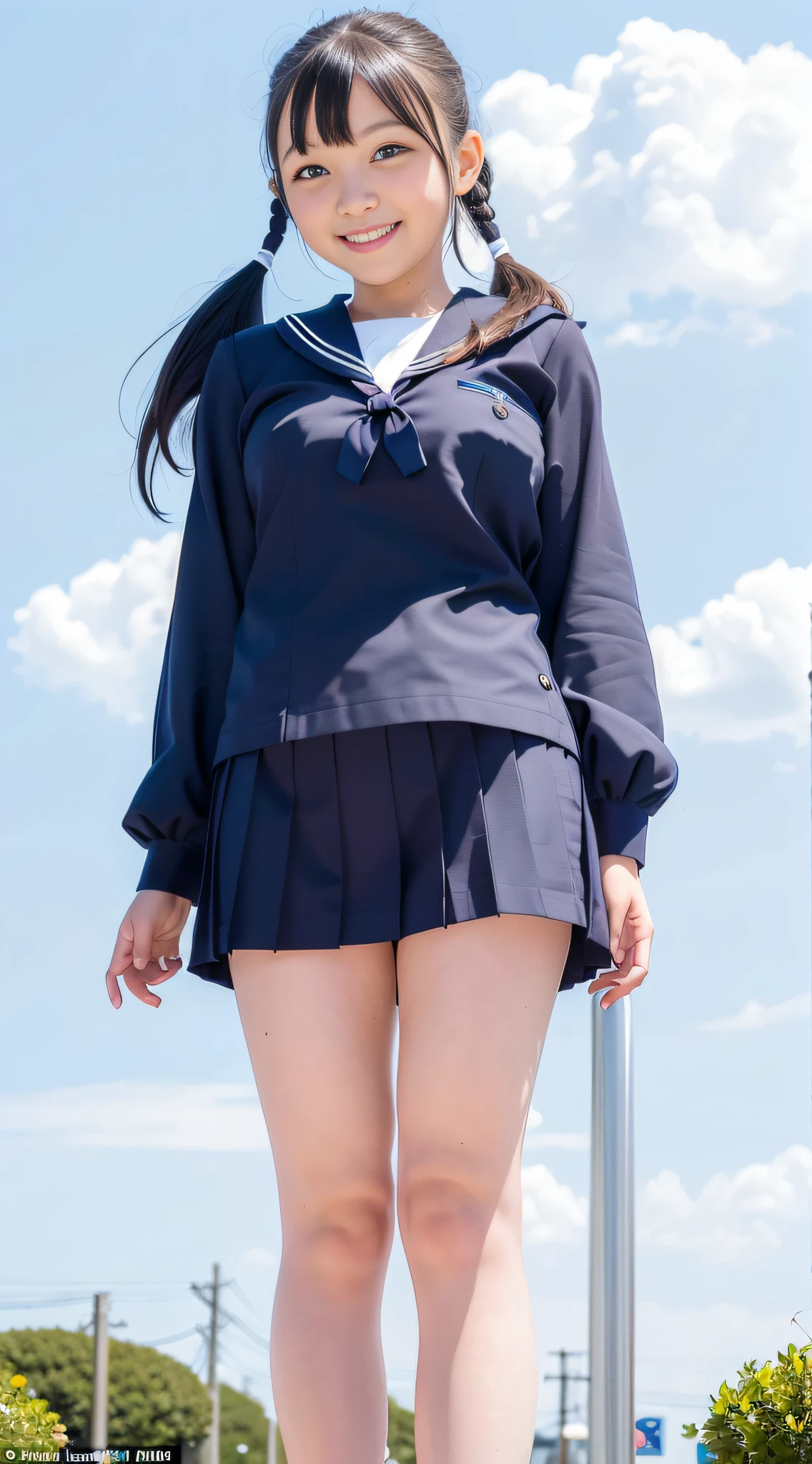 (Top Quality, Masterpiece: 1.2), (Realistic, Photorealistic: 1.37), Super Detailed, One Girl, Solo, Cute, Beautiful Detailed Sky, (Twin Tails, Standard Breasts: 1.2), (Smile: 1.2), (Erotic Laughter), Beautiful Detailed Eyes, Floating Hair, (Uniform: 2), Black Stockings, Full Body, Street, Thin