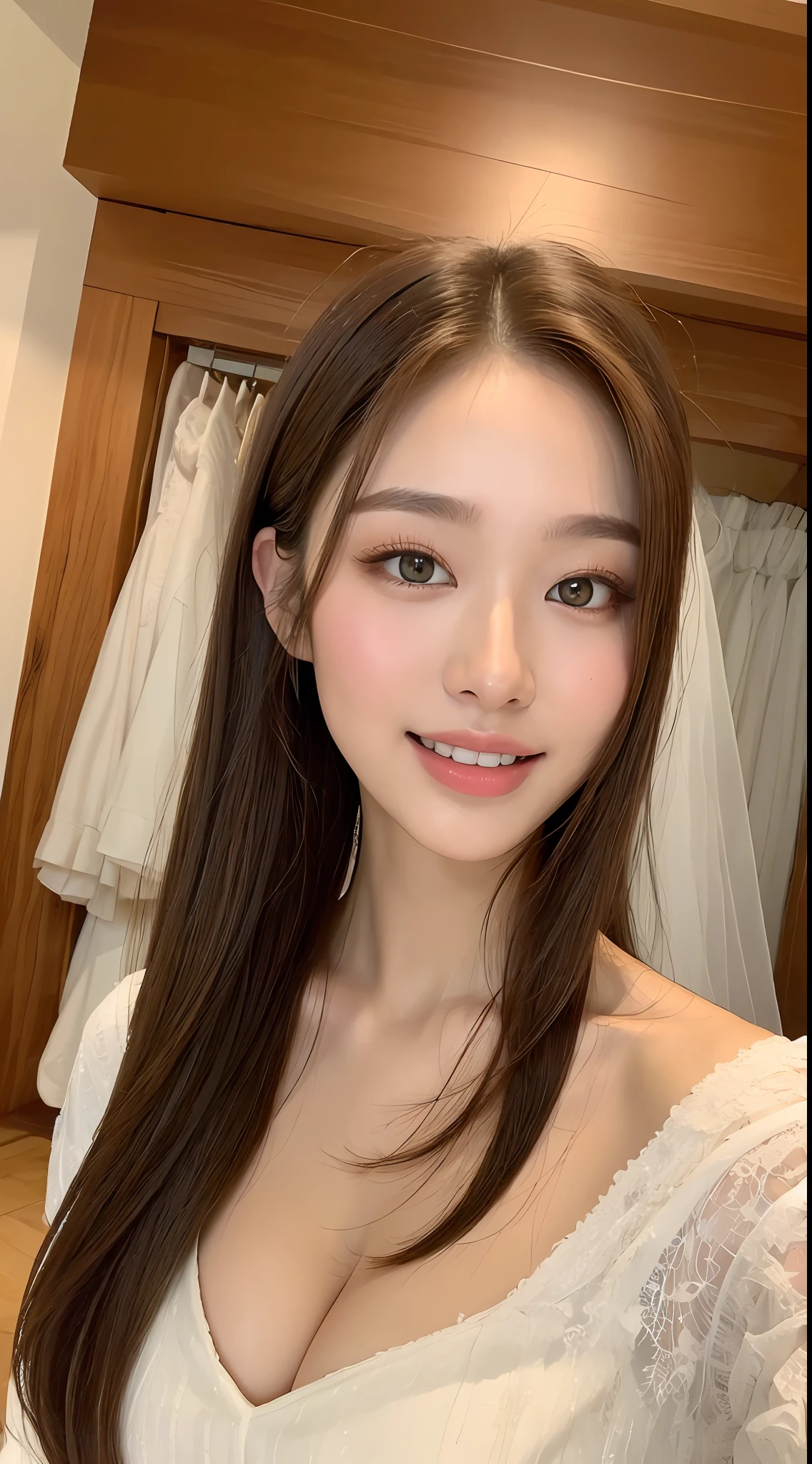 ((Best Quality, 8k, Masterpiece: 1.3)), Full Body (1.3), Sharp Focus: 1.2, Outstanding Beauty: 1.4, Slender Abs: 1.2, ((Brown Hair, Saggy Big: 1.2)), Fluffy Wedding Dress (2), Inside and Outside, Cleavage Visible in Western-style Room, Highly Detailed Face and Skin Texture, Detailed Eyes, Double Eyelids, Smile (1.3) Natural Makeup, Lustrous Skin