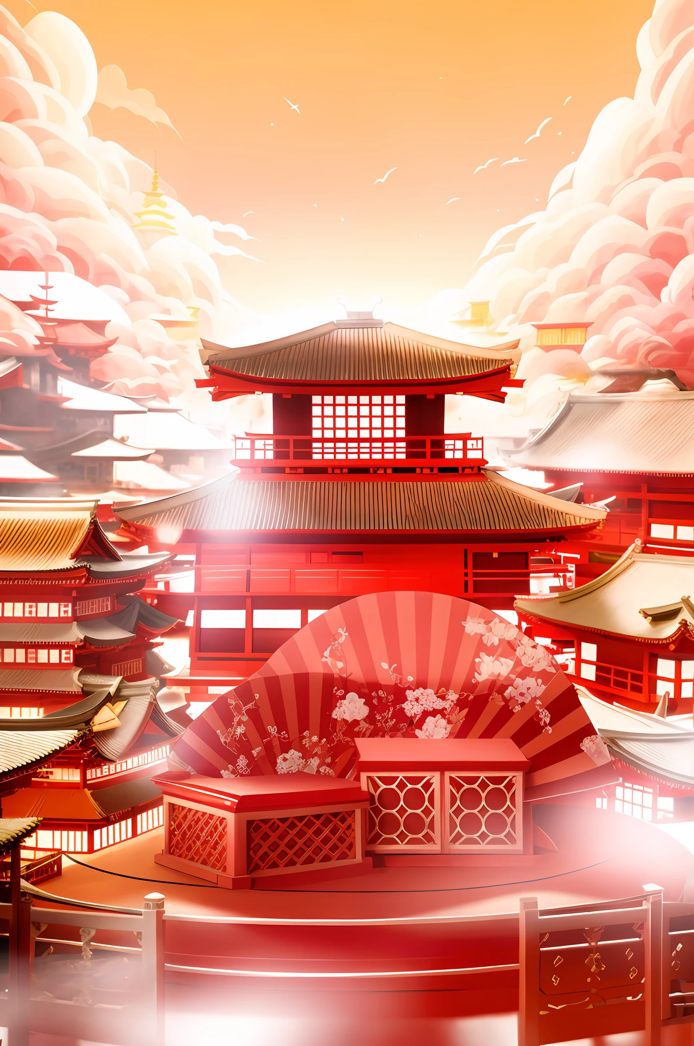 there is a picture of a red building with a red fan, pop japonisme 3 d ultra detailed, japonisme 3 d 8 k ultra detailed, japanese fantasy, inspired by Torii Kiyomasu, intricate ornate anime cgi style, colorful kitsune city, inspired by Torii Kiyomasu II, japanese city, inspired by Torii Kiyomitsu