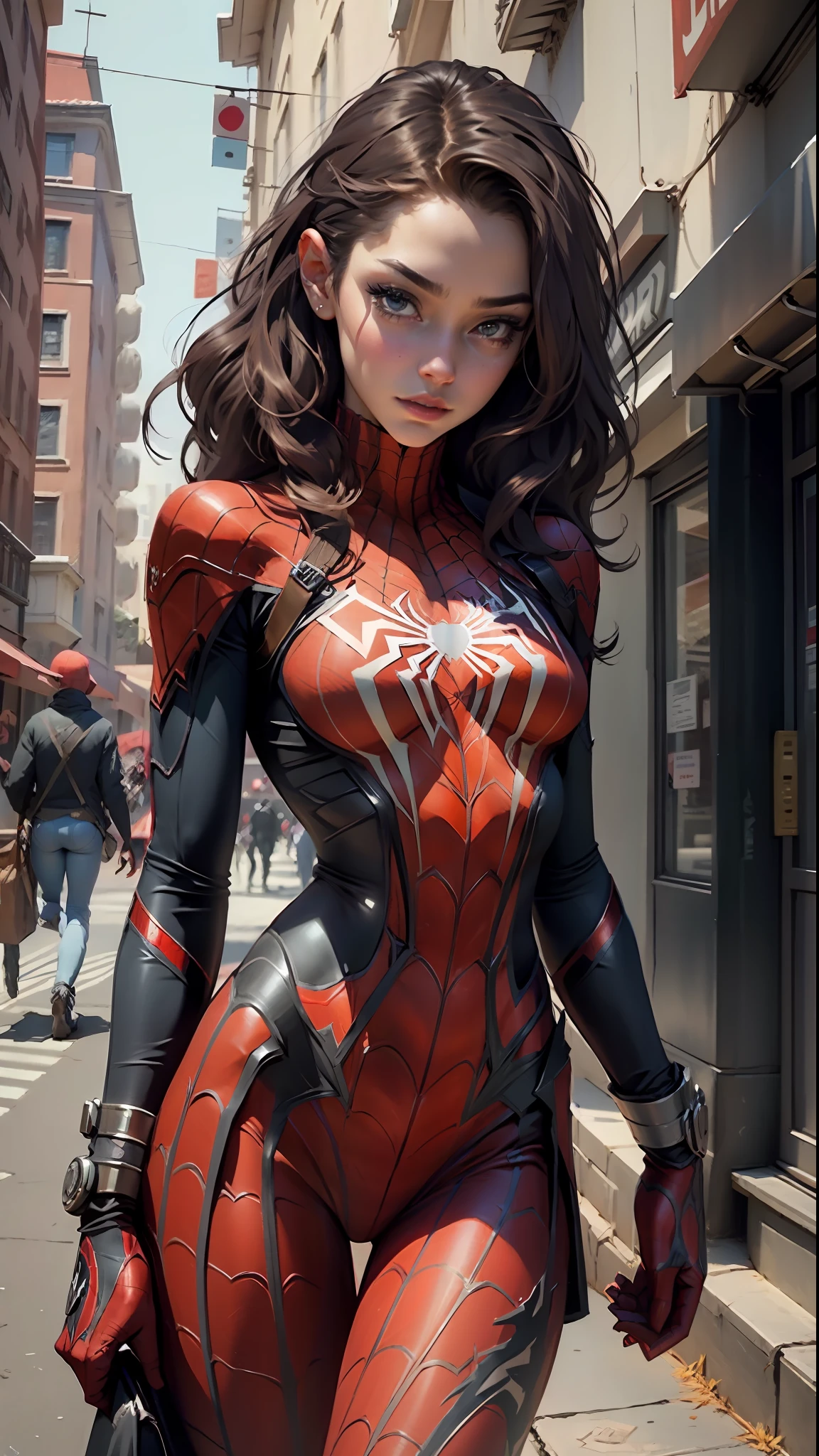 Beautiful woman detailed defined body using spider man cosplay, small breasts