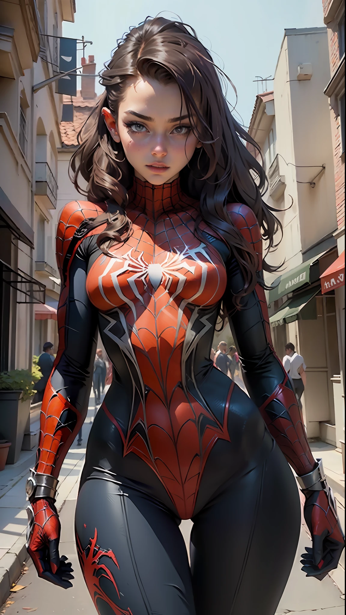 Beautiful woman detailed defined body using spider man cosplay, small breasts