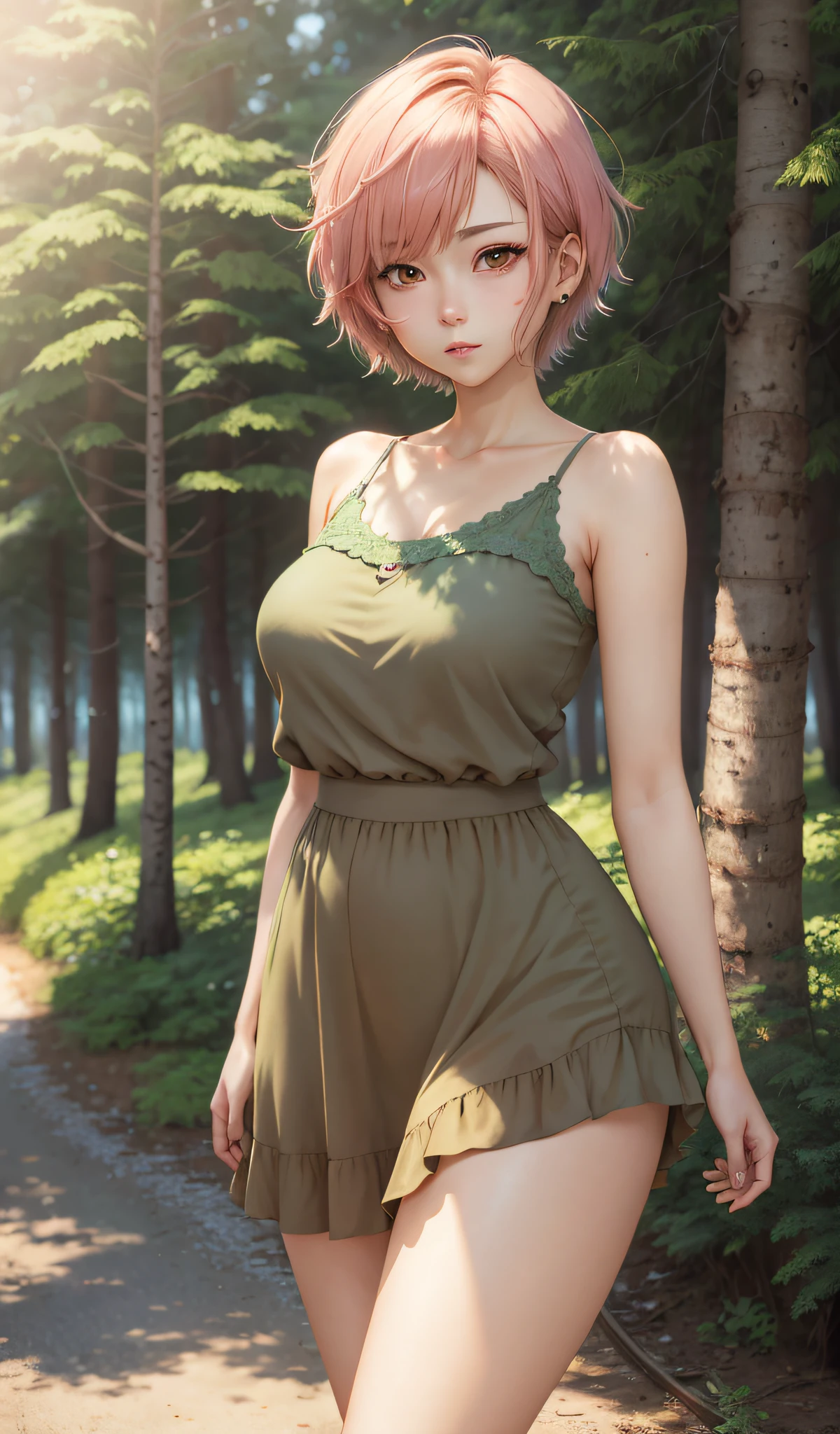 anime style, realistic anime, realistic light, ((((lonely)))) pretty girl with short hair, cute face, bright face, smooth skin, portrait painting, blushing cheeks, closed mouth, short summer dress, big hips, top model, proportioned body, detailed, portrait composition, look at camera, blurred background of forest