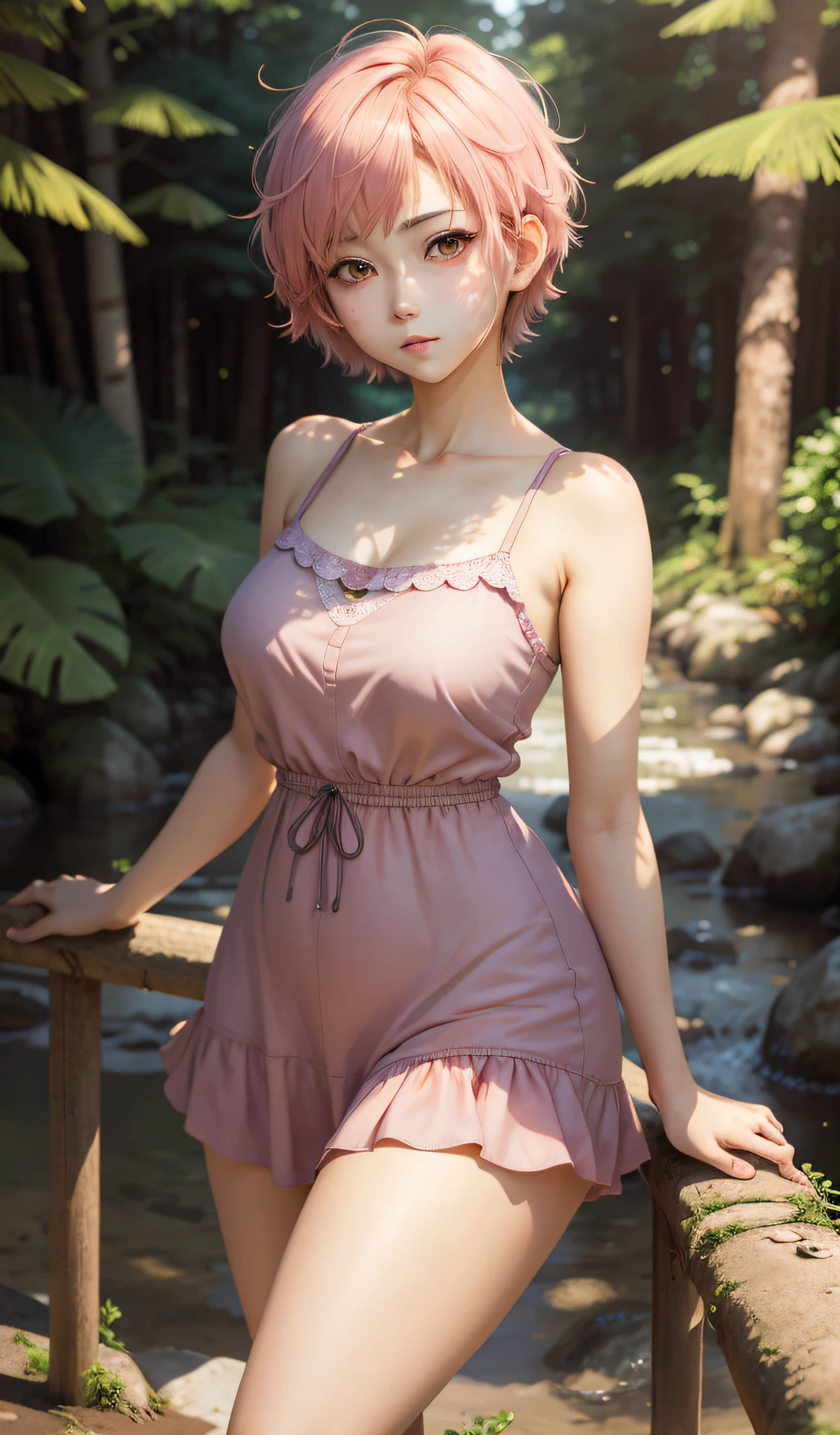 anime style, realistic anime, realistic light, ((((lonely)))) pretty girl with short hair, cute face, bright face, smooth skin, portrait painting, blushing cheeks, closed mouth, short summer dress, big hips, top model, proportioned body, detailed, portrait composition, look at camera, blurred background of forest
