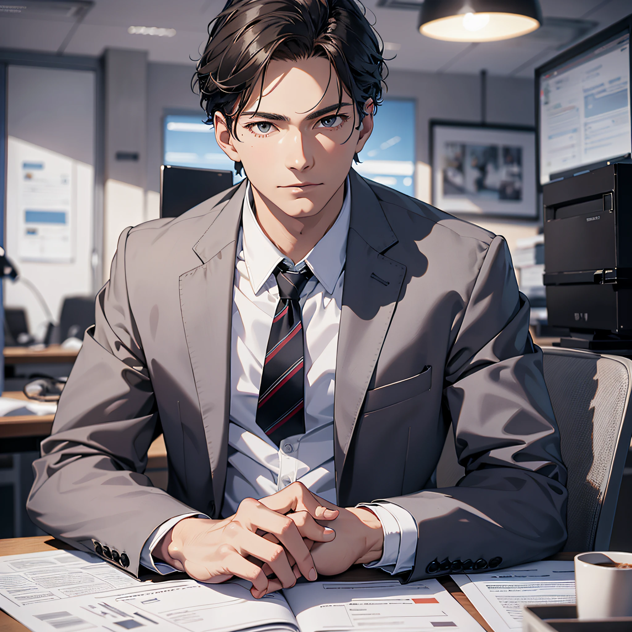 Absurd resolution, high resolution, (masterpiece: 1.4), hyperdetail, 1boy, face focus, mature man, successful person, suit, jacket, white shirt, tie, sitting in office with serious expression