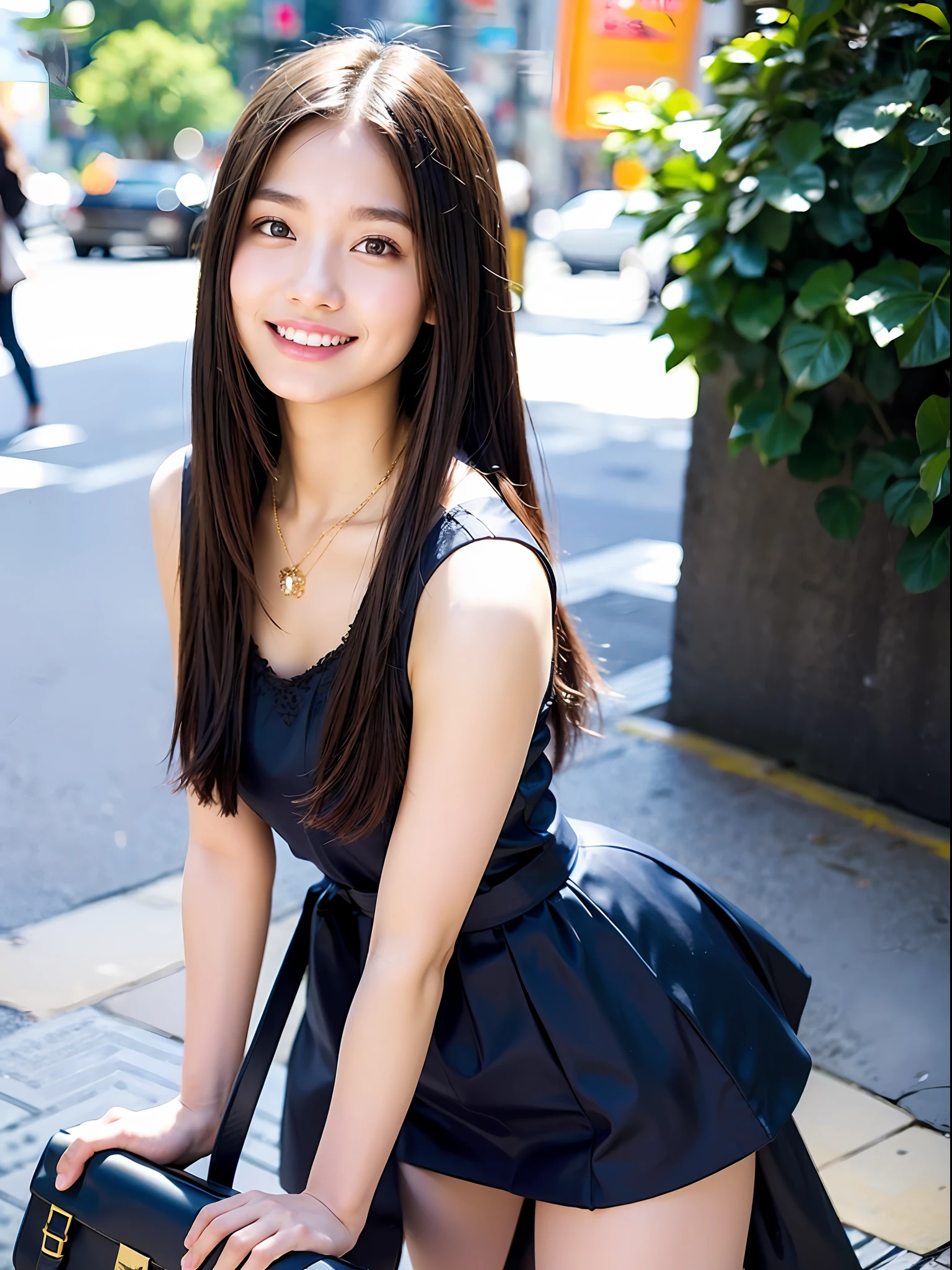 18 year old girl with perfect face and big, café, right hand with hair, cute clothes, slim and slender physique. The skin has detailed and highly detailed eyes (1.1 emphasis), very detailed skin texture (1.1 emphasis). slender necklace, model photo style, photorealistic, skin texture is real human skin texture, detailed skin pores, complex details, eyes very detailed, black tight skirt: 1.5, black sleeveless: 1.2, navy blue bag, street, smile, viewer's eye view, dimples