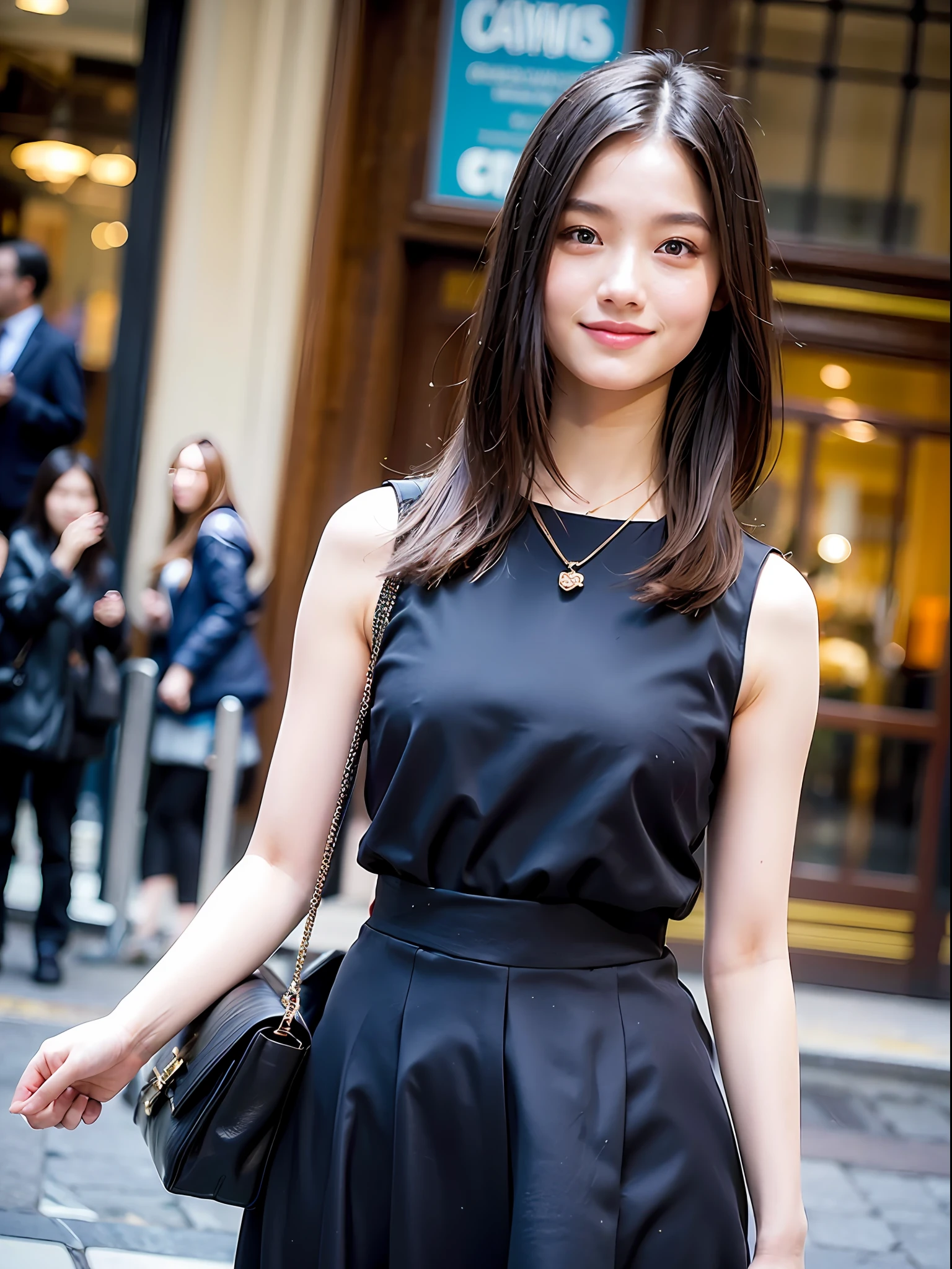 18 year old girl with perfect face and big, café, right hand with hair, cute clothes, slim and slender physique. The skin has detailed and highly detailed eyes (1.1 emphasis), very detailed skin texture (1.1 emphasis). slender necklace, model photo style, photorealistic, skin texture is real human skin texture, detailed skin pores, complex details, eyes very detailed, black tight skirt: 1.5, black sleeveless: 1.2, navy blue bag, street, smile, viewer's eye view, dimples