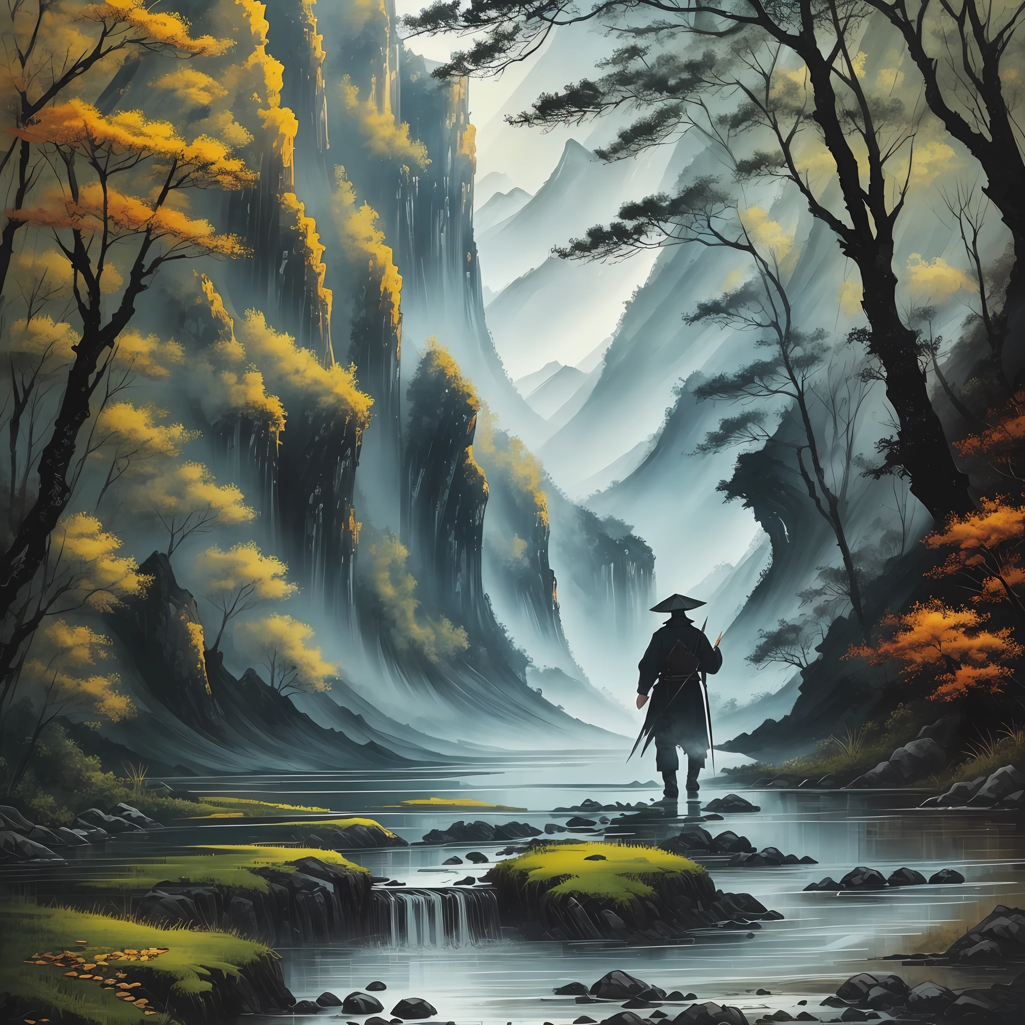Chinese ink painting, mountain, water, green space, canvas painting knife engraving Midjourney style 1400*600