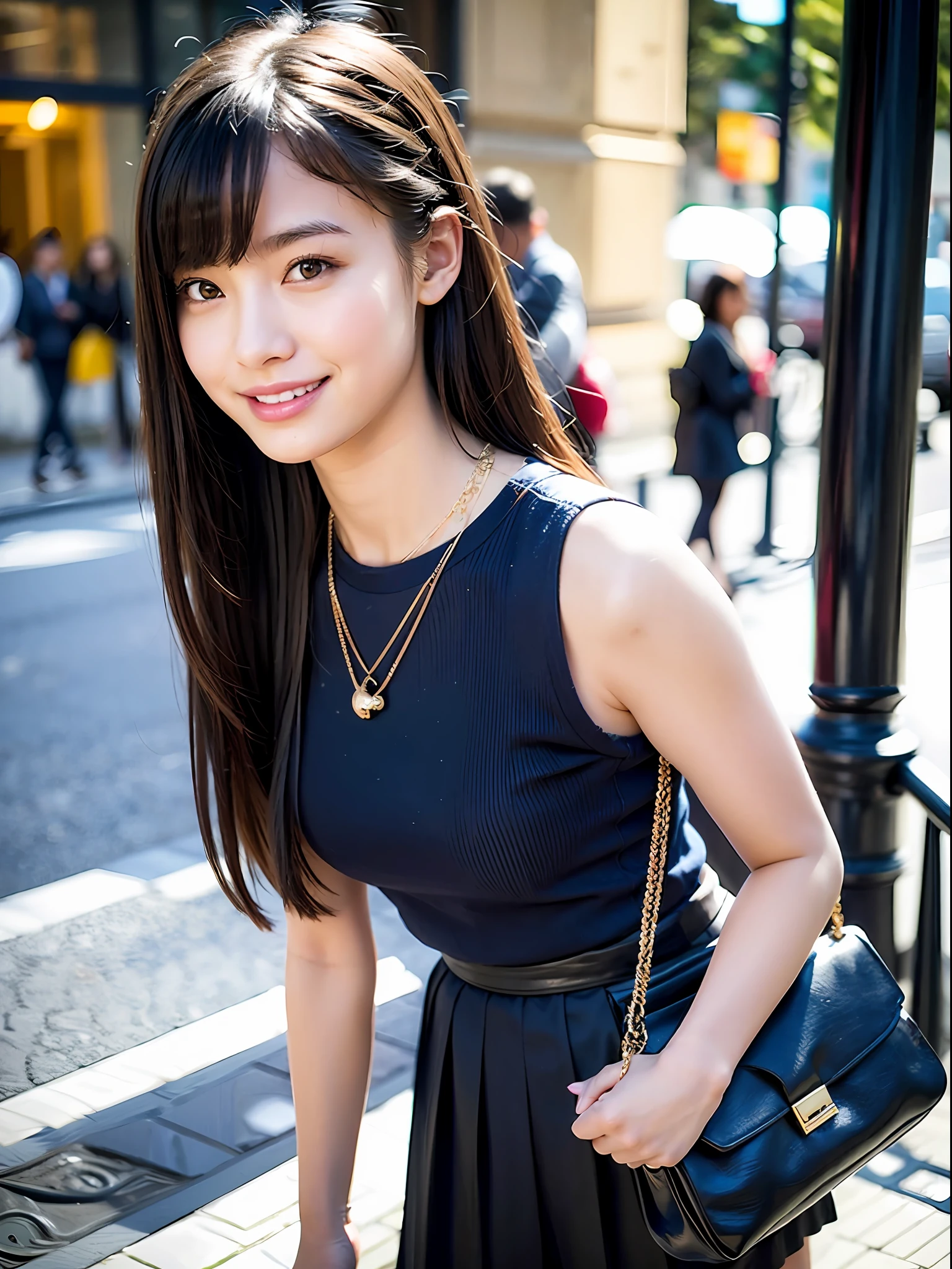 18 year old girl with perfect face and big, café, right hand with hair, cute clothes, slim and slender physique. The skin has detailed and highly detailed eyes (1.1 emphasis), very detailed skin texture (1.1 emphasis). slender necklace, model photo style, photorealistic, skin texture is real human skin texture, detailed skin pores, complex details, eyes very detailed, black tight skirt: 1.5, black sleeveless: 1.2, navy blue bag, street, smile, viewer's eye view, dimples