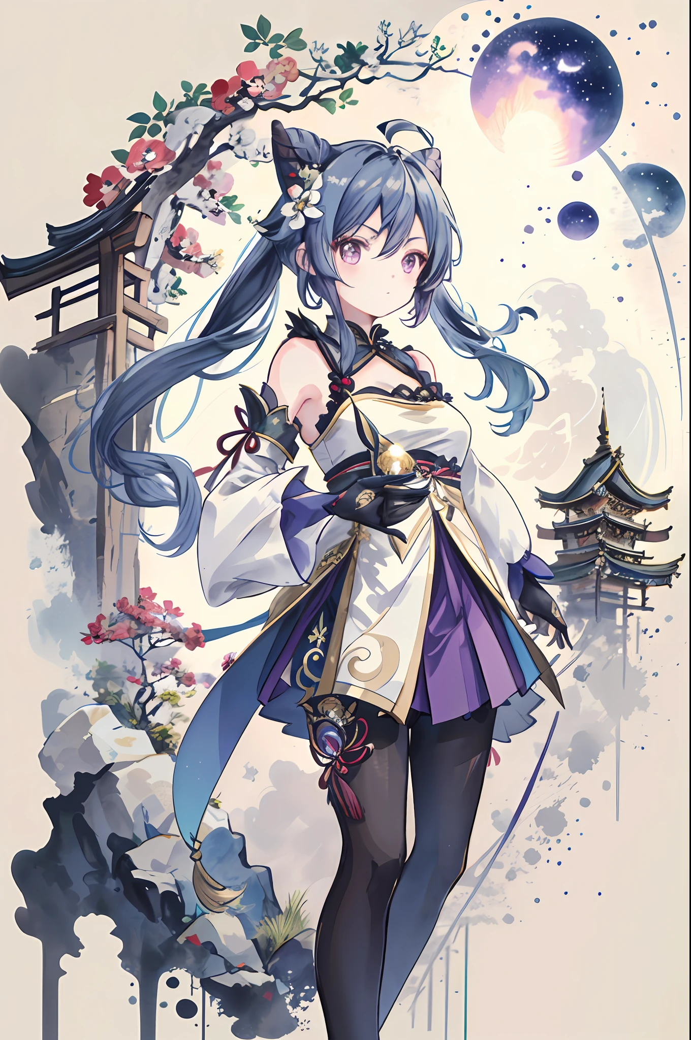 ganyu\(genshin impact\), 1girl, ahoge, architecture, bangs, bare shoulders, bell, black gloves, black tights, ((blue hair)), blush, breasts, chinese knot, sleeves, East Asian architecture, flower knot, gloves, long hair, looking at the audience, mid-chest, night, outdoors, pantyhose, purple eyes, sideburns, solo, tassels, white sleeves, ((masterpiece)), ink style