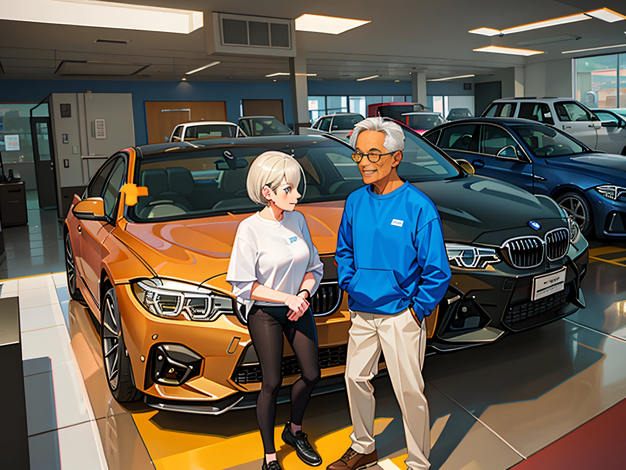 Old man and old lady, inside the BMW 4S shop
