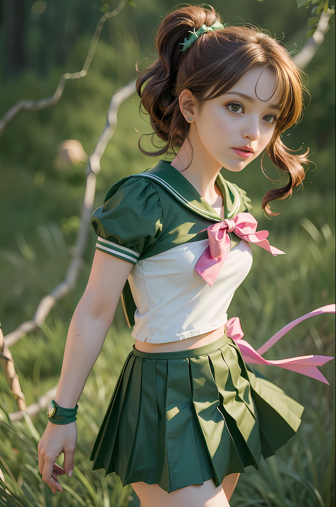 masterpiece, best quality, absurdres, perfect antomy, SMJupiter, SMJupiterOutfit, green sailor collar, green skirt, sailor senshi uniform, ponytail, standing, Brown Hair, pleated skirt, green skirt, Boots, Pink Bow, close-up, dynamic posture, full body, Dynamic background, Lightning effects,