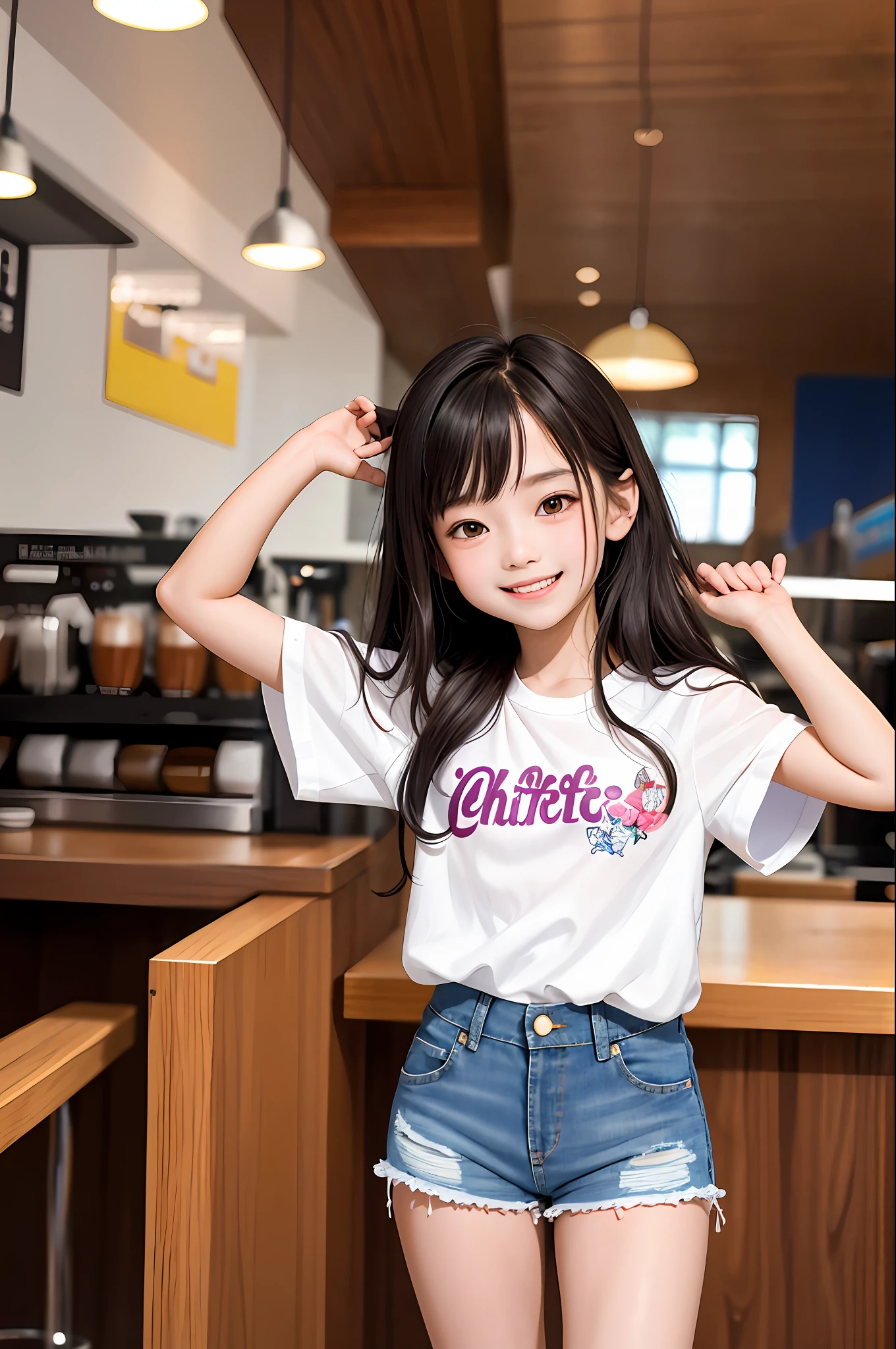 (masterpiece), (best quality), ultra hi res, 8k, beautiful 8 girl, kids, smiWhite shirt, (denim shorts), at coffee shop, crowded