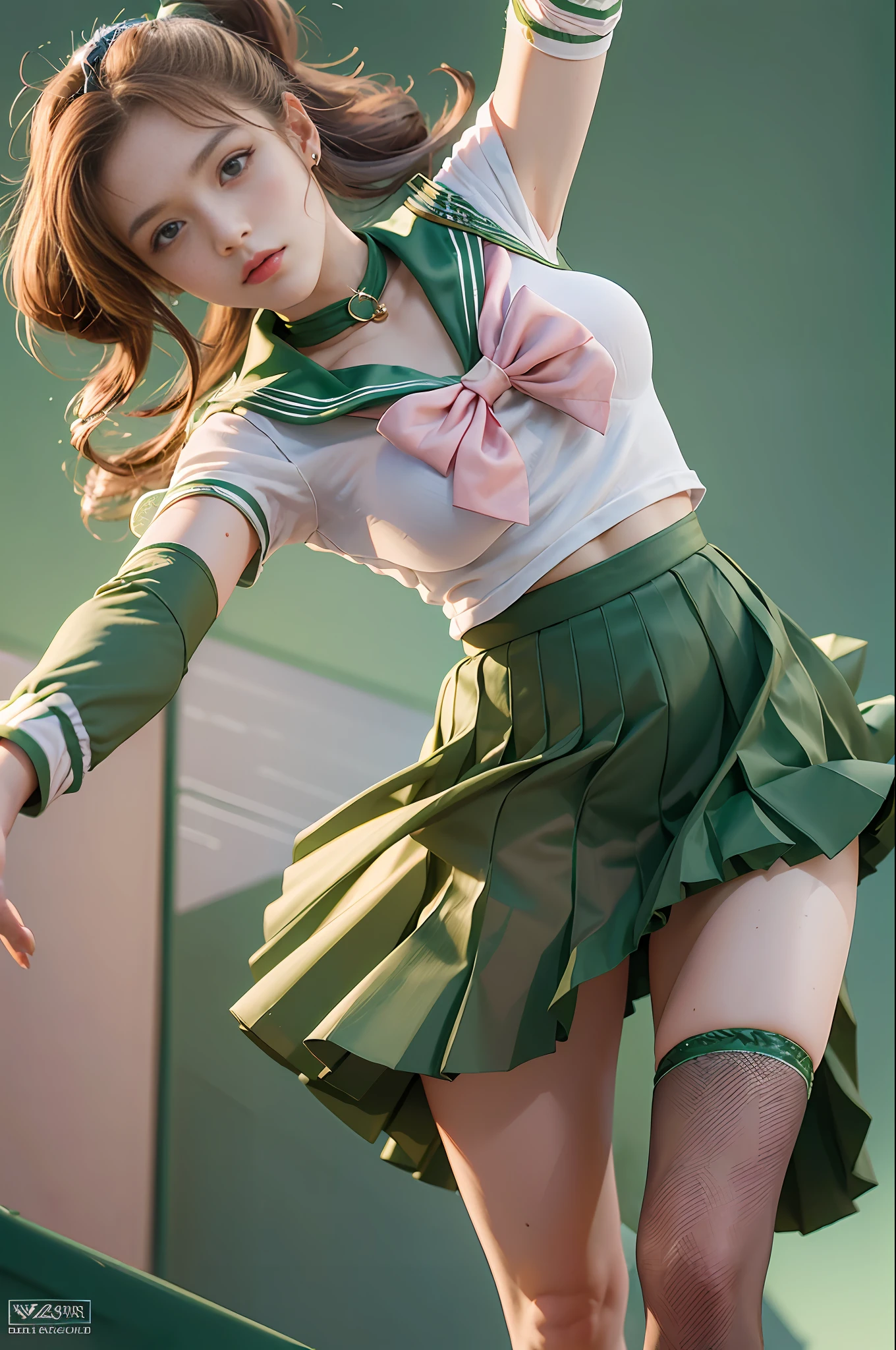 masterpiece, best quality, absurdres, perfect antomy, SMJupiter, SMJupiterOutfit, green sailor collar, green skirt, sailor senshi uniform, ponytail, standing, Brown Hair, pleated skirt, green skirt, Boots, Pink Bow, close-up, dynamic posture, full body, Dynamic background, Lightning effects,