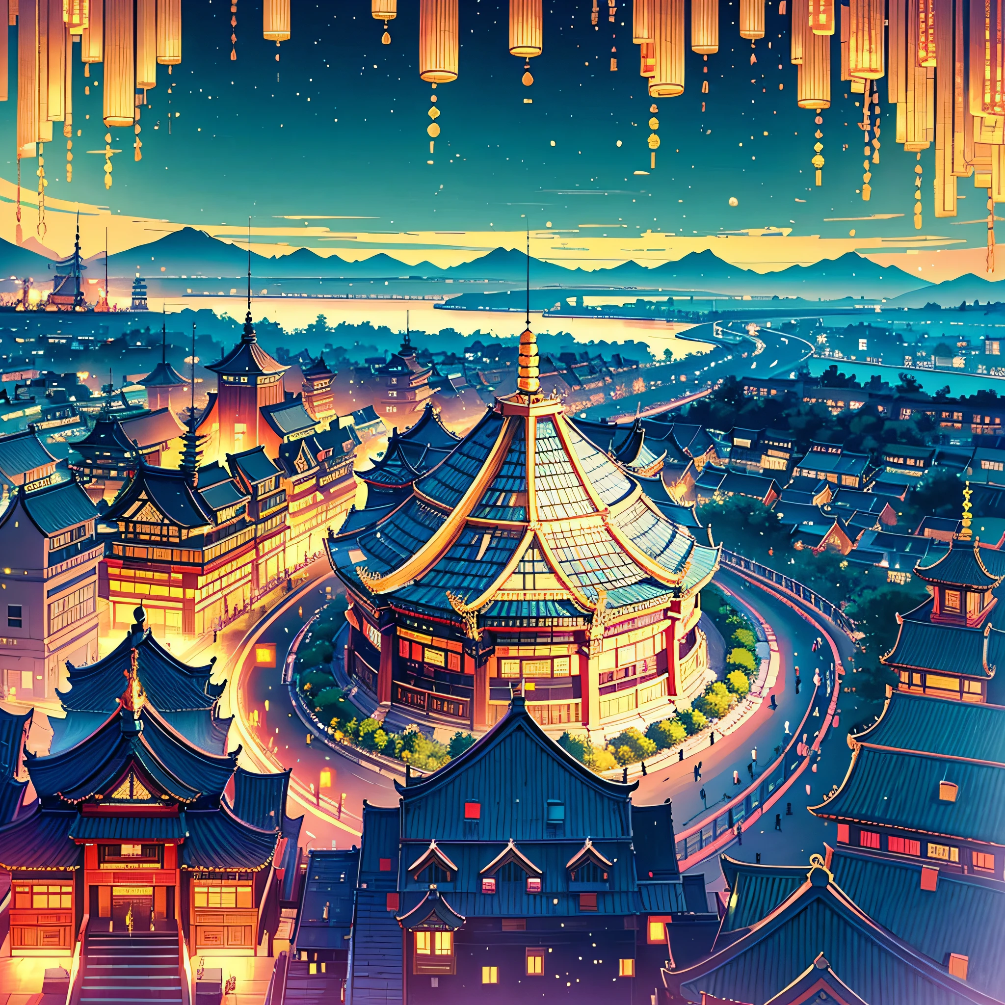 On the night of Chang ' an , China , The Giant Wild Goose Pagoda is located next to Tang - style architecture , with upturned eaves and
multi - storied buildings . At night , the lights are
turned on and the area is brightly lit and crowded
with tourists , Colorful fireworks bloom in the
sky , Aerial view , Panorama painting , intricated
details , ethereal illustrations , dark cyan and
light amber , detailed crowd scenes , romantic
depictions of historical events , yankeecore --auto --s2
