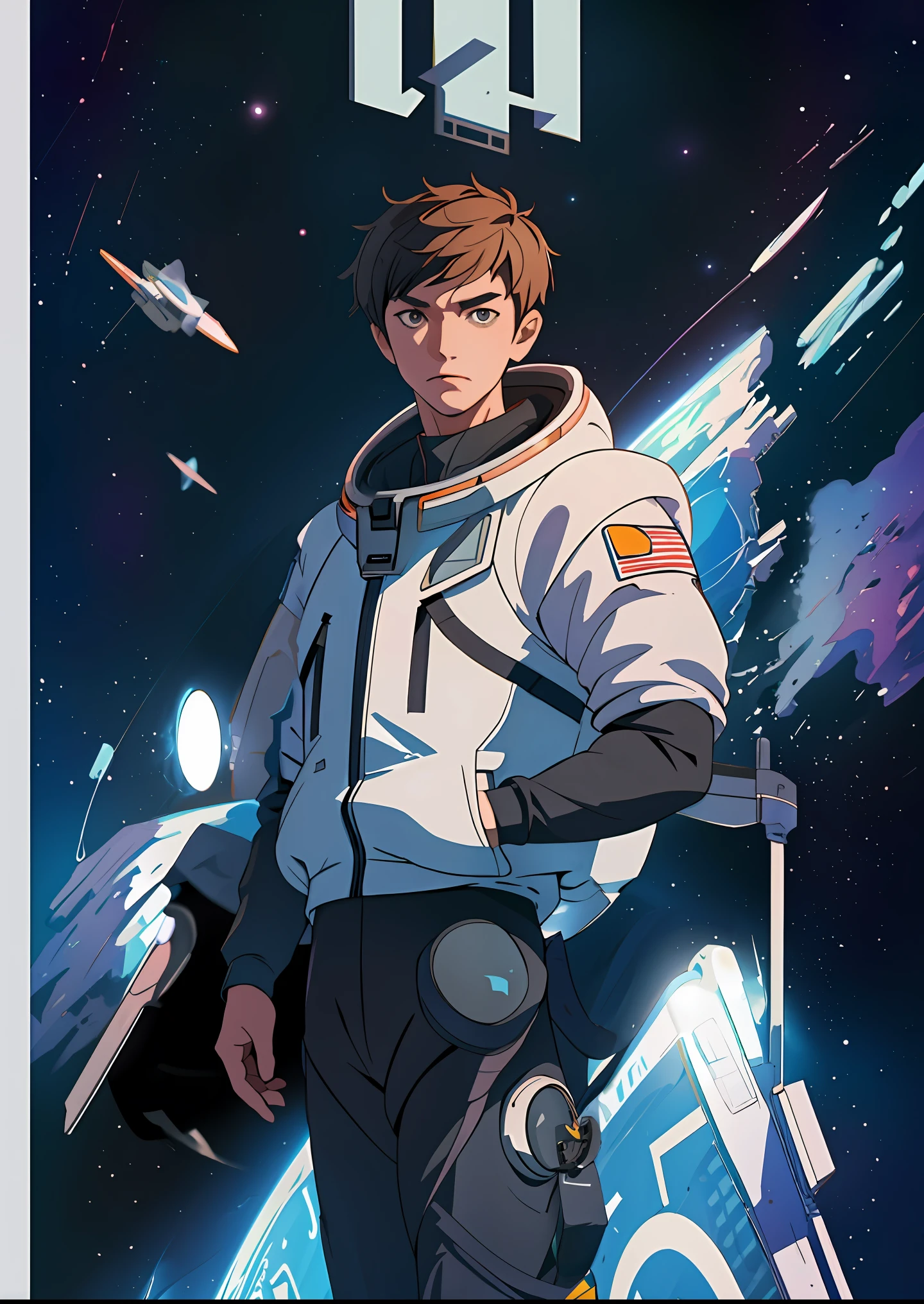 Anime characters in space with spaceship and spaceship in background, portrait anime space cadet boy, high quality anime art style, in spacesuit, space cowboy, 4k manga wallpaper, anime art wallpaper 8k, in space, artai guéran 8k, Makoto Shinkai ( Apex legend), official art, Makoto Shinkai art style, spacesuit