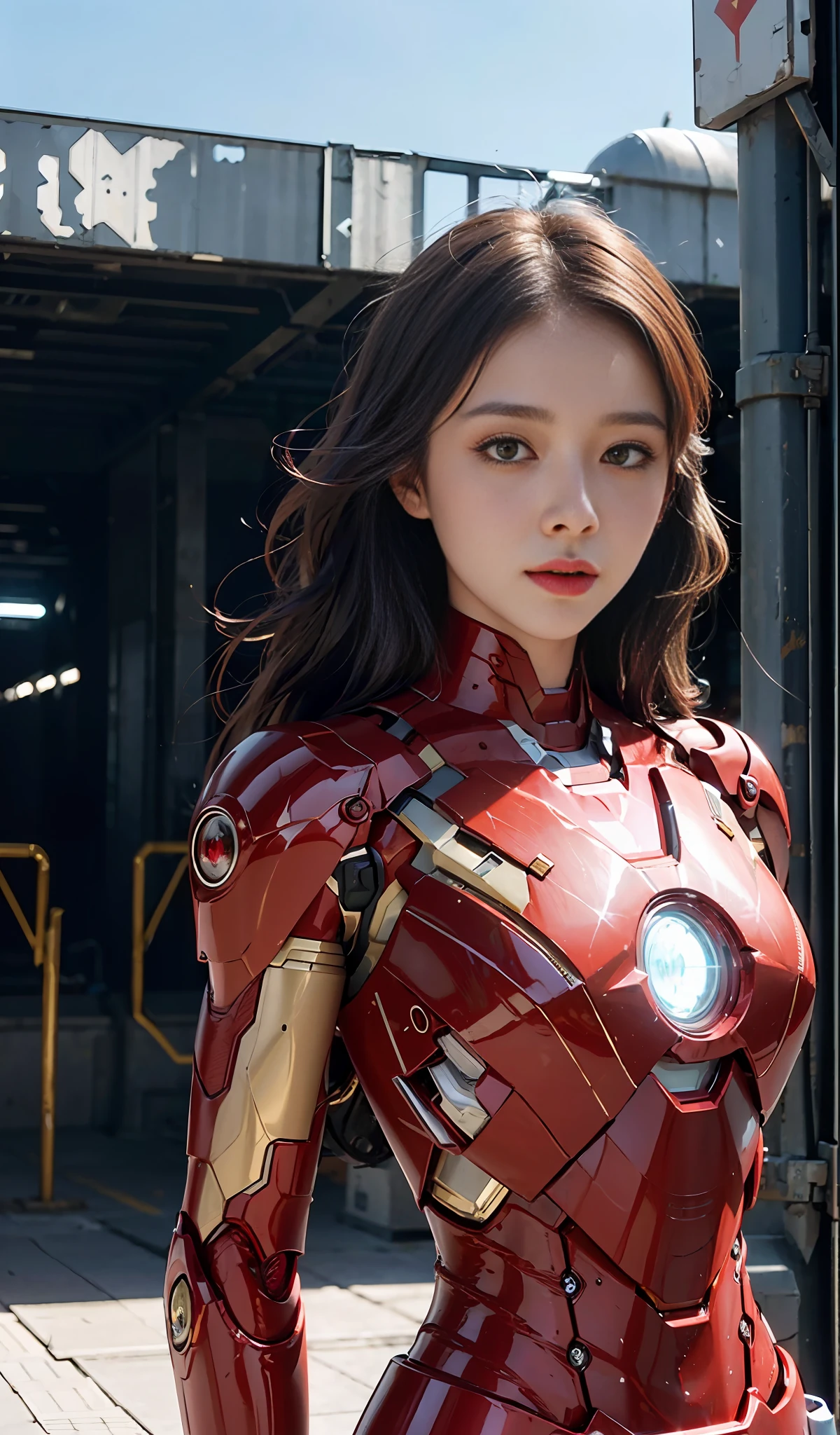 (1girl:1.3), solo, __body-parts__, official art, unified 8k wallpaper, super detailed, beautiful and aesthetic, beautiful, masterpiece, best quality, raw, super fine photo, best quality, super high resolution, photorealistic realism, sunlight, full body portrait, amazing beauty, dynamic pose, (for the audience), delicate face, vibrant eyes, a woman, (wearing a futuristic red-gold iron man mech), very detailed abandoned warehouse background, Detailed faces, gorgeous, glowing blue, sharp focus, DSLR cameras, high quality, film grain, fair skin, photorealism, lomography, huge metropolis in a future dystopia,