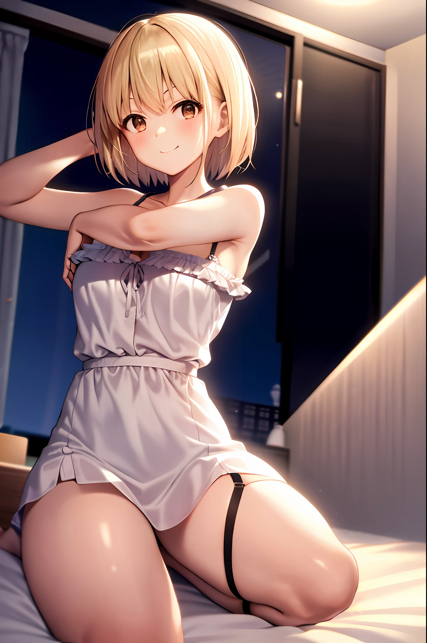 Chisato, 1girl, bangs, bedroom, short hair, smile, solo, sit, night dress, ???? pose, ?????? out, lingerie, garter straps, stocking, hands behind,