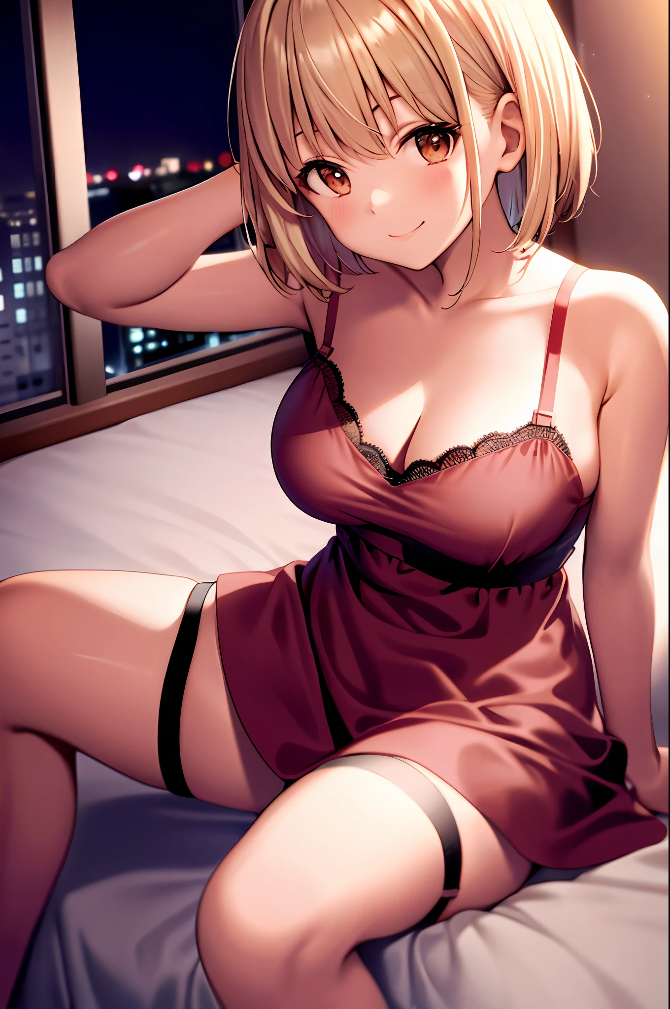 Chisato, 1girl, bangs, bedroom, short hair, smile, solo, sit, night dress, sexy pose, breast out, lingerie, garter straps, stocking, hands behind,