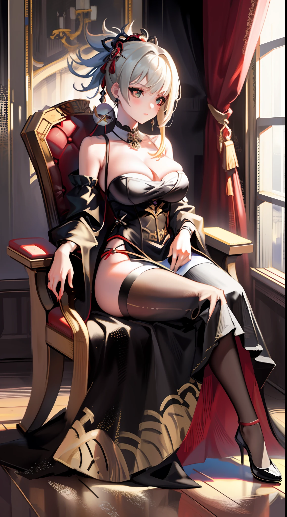 masterpiece, best quality, highres, 1girl, solo, yoimiya (genshin impact), long gothic dress, gothic ornament, darkness beautiful, big breast, gothic jewelry, chair, sitting
