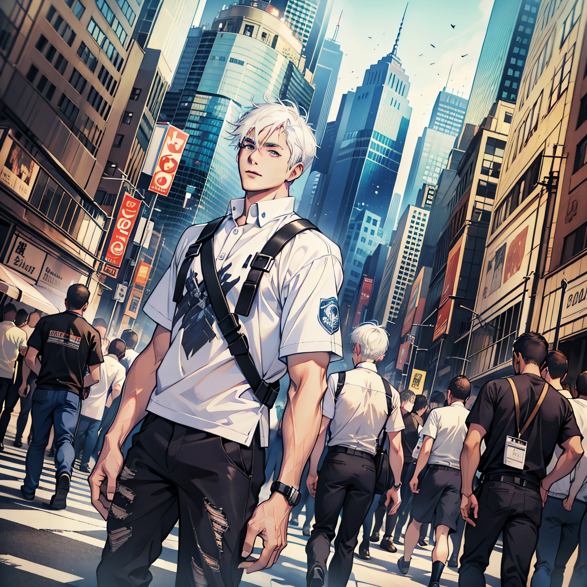 Man, short white hair, fine eyes, standing, looking at the audience, sideways, tattered short sleeves, city entrance, crowds