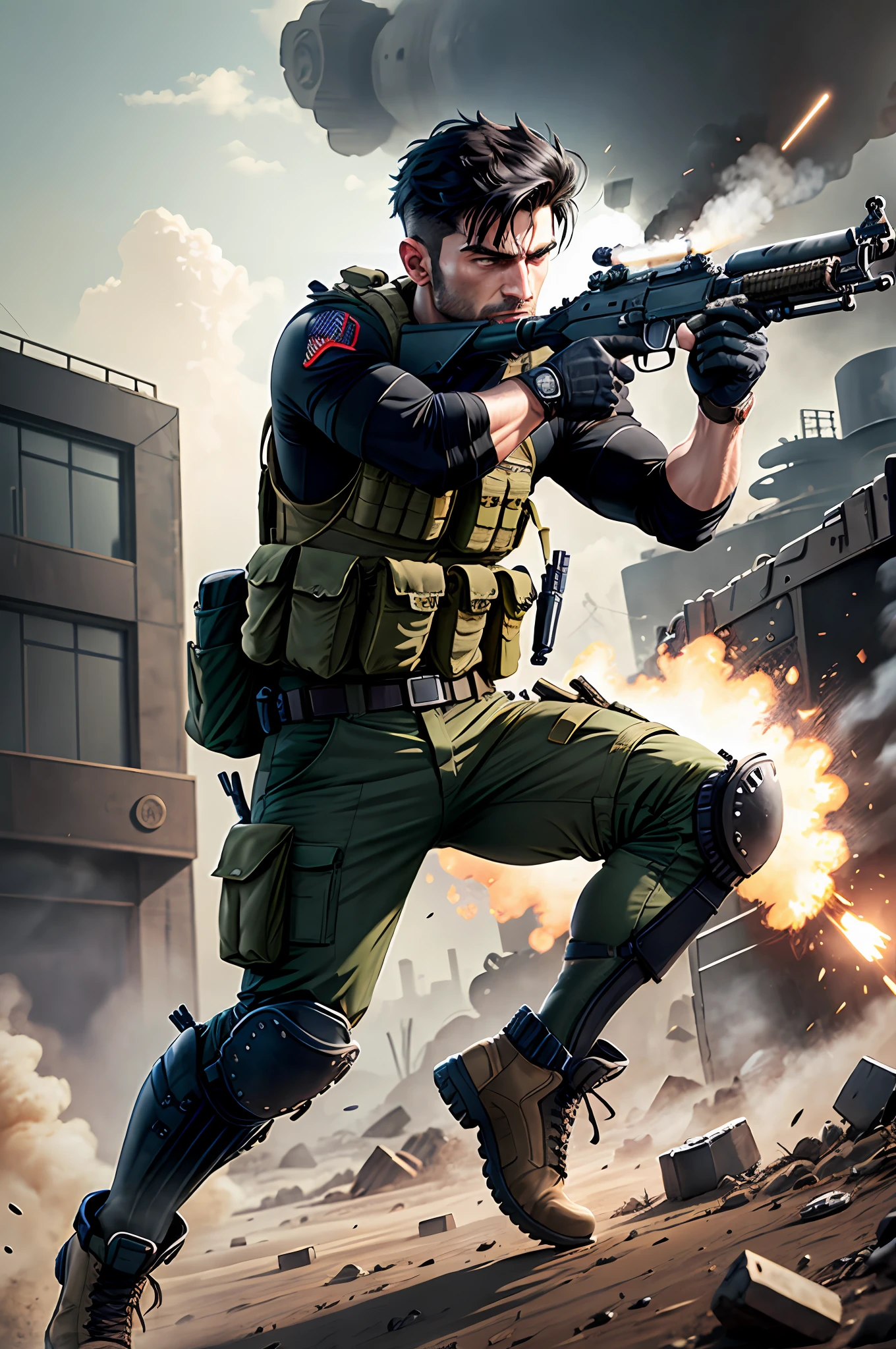 boots, british male, full body, aiming and firing a spas-12, shotgun, knee pads, male focus, military, blue military uniform, pouch, black hair, clean-shaven, solo, assault vest, drop-down pistol holster, jungle background, battle, tanks, explosions, gritty war-torn atmosphere, black ops,