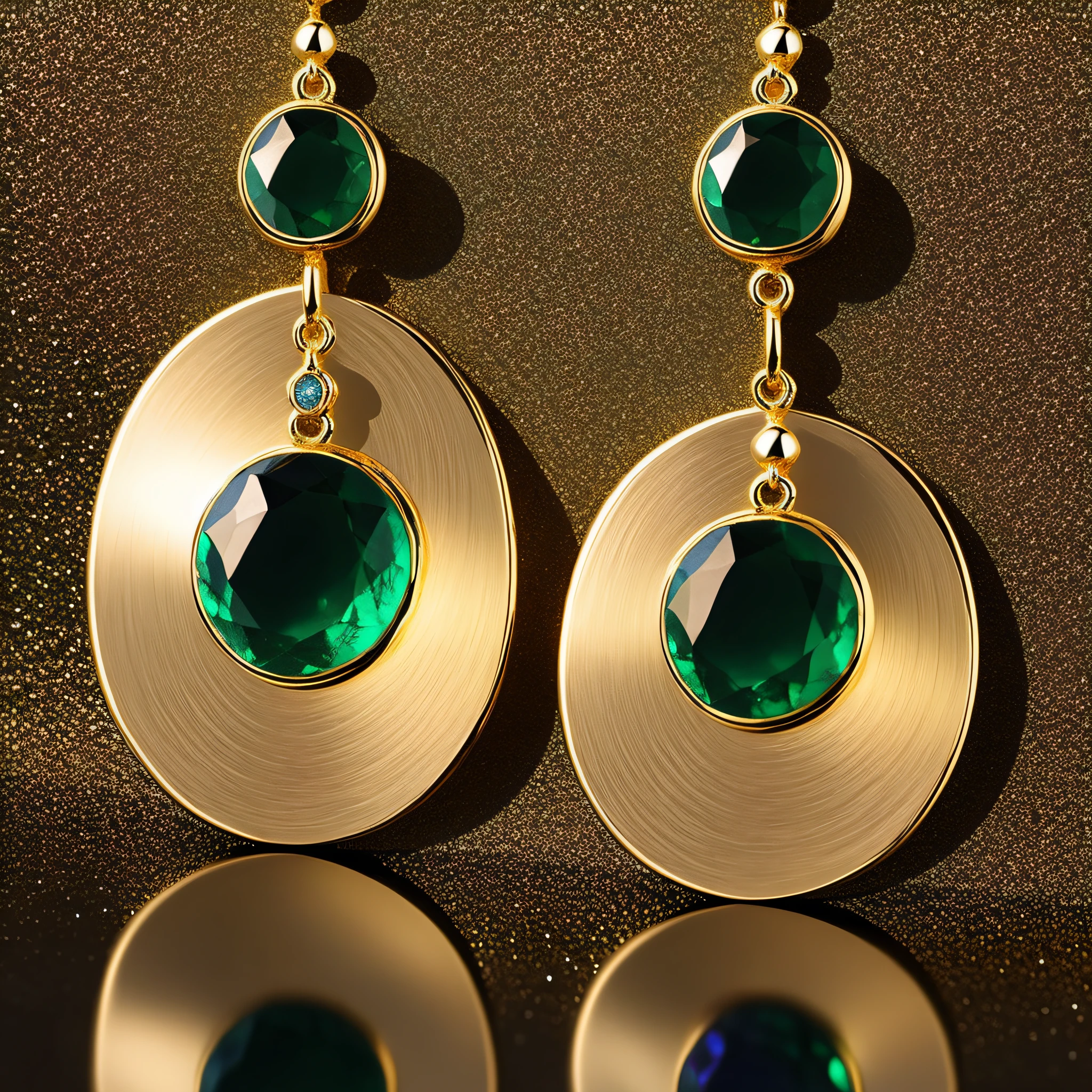 PRECIOUS EARRINGS WITH ELABORATELY CARVED ORNAMENTS ON YELLOW GOLD WITH LARGE EMERALDS FRAMED BY SMALL SAPPHIRES,BACKGROUND ON BLACK GLASS LIES THE EARRINGS AND IS REFLECTED IN IT,CONTRASTING LIGHT FALLS ON THE EARRINGS AND IS REFLECTED AS IRIDESCENT REFLECTIONS ON THE FACETS OF THE CUT,ULTRA FINE DETAIL, HYPER SHARP,PHOTOREALISTIC,LOOKS EXPENSIVE AND STUNNING,PAINTING,FABULOUS,HIGH RESOLUTION 100 MEGAPIXEL