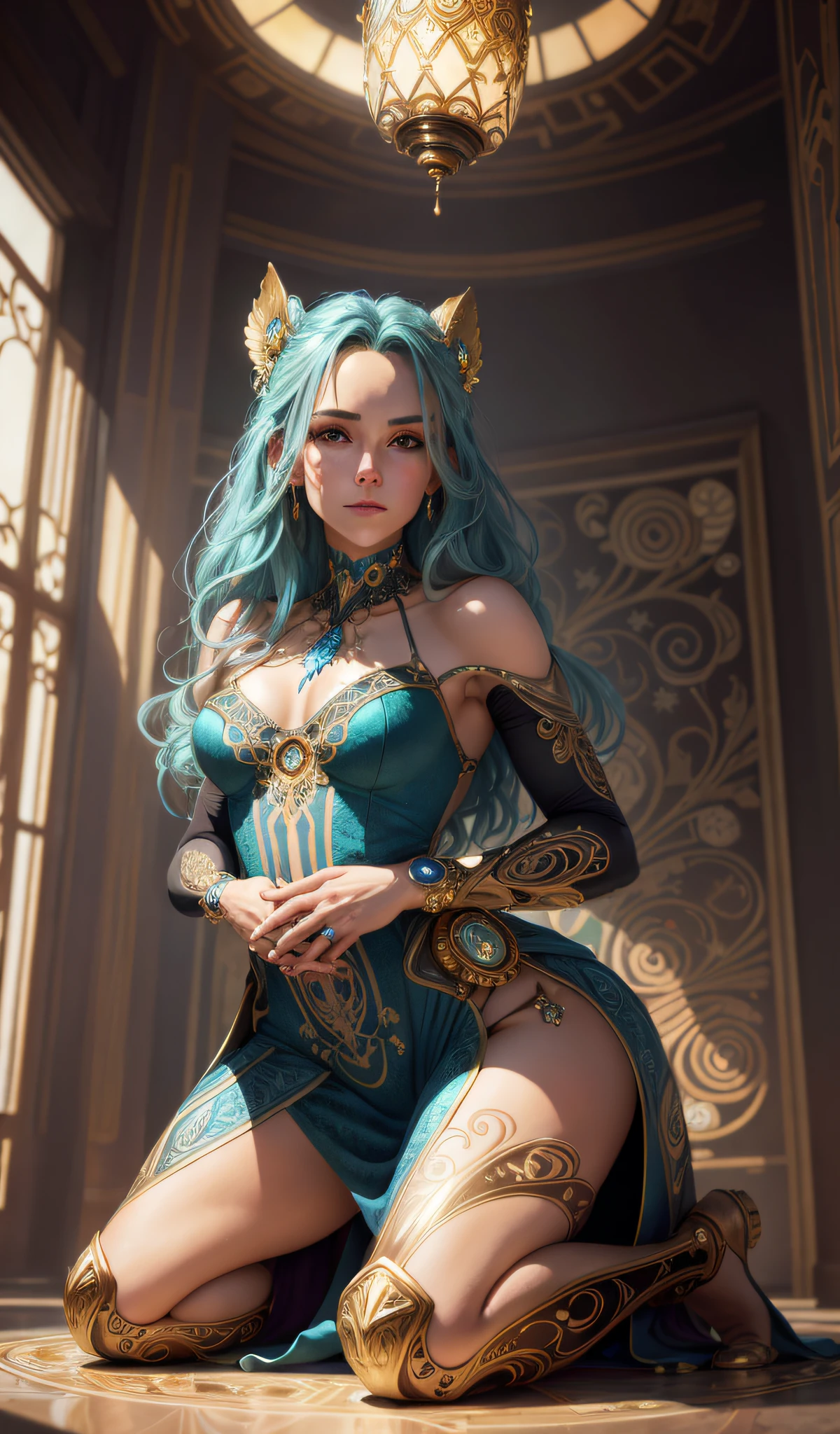 Teddi Mansueto, full body potrait of a photorealistic beautiful woman, ((kneeling down pose:1.5)), light hair, a stunning realistic photograph 25 years , (aquamarine hair:1.2), (nightgown:1.2), random color eyes, full body, cover, hyperdetailed painting, luminism, Bar lighting, complex, 4k resolution concept art portrait by Martina Fačková and Prywinko Art, Artgerm, WLOP, Alphonse Mucha, little fusion pojatti realistic steampunk, fractal isometrics details bioluminescens : hypereallistic cover photo awesome full color, hand drawn, dark, gritty, realistic mucha, klimt, erte .12k, intricate. hit definition , cinematic,Rough sketch, mix of bold dark lines and loose lines, bold lines, on paper , full body with velvet dress, humanoid, {{{{Full body}}}}.